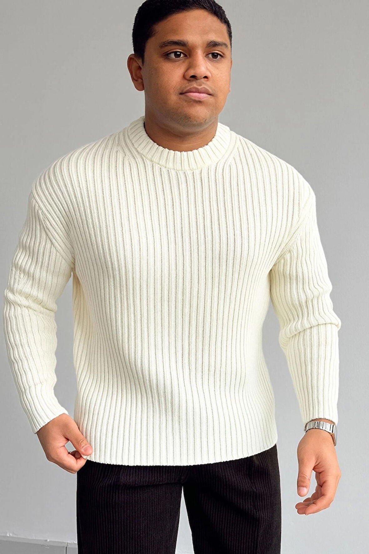 ERKEK-FİTİLLİ TRİKO-OVERSIZE-BİSİKLET YAKA-KAZAK