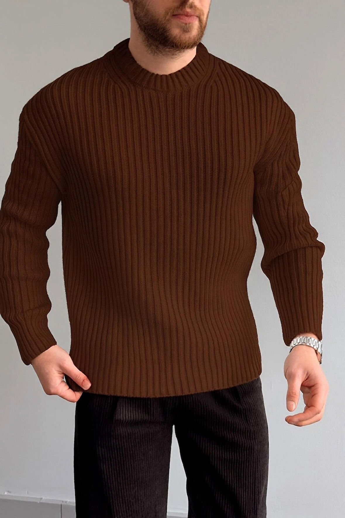 ERKEK-FİTİLLİ TRİKO-OVERSIZE-BİSİKLET YAKA-KAZAK