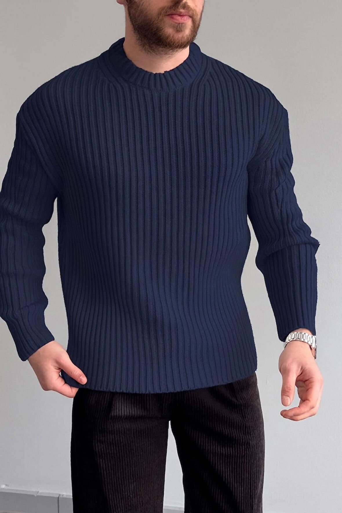 ERKEK-FİTİLLİ TRİKO-OVERSIZE-BİSİKLET YAKA-KAZAK