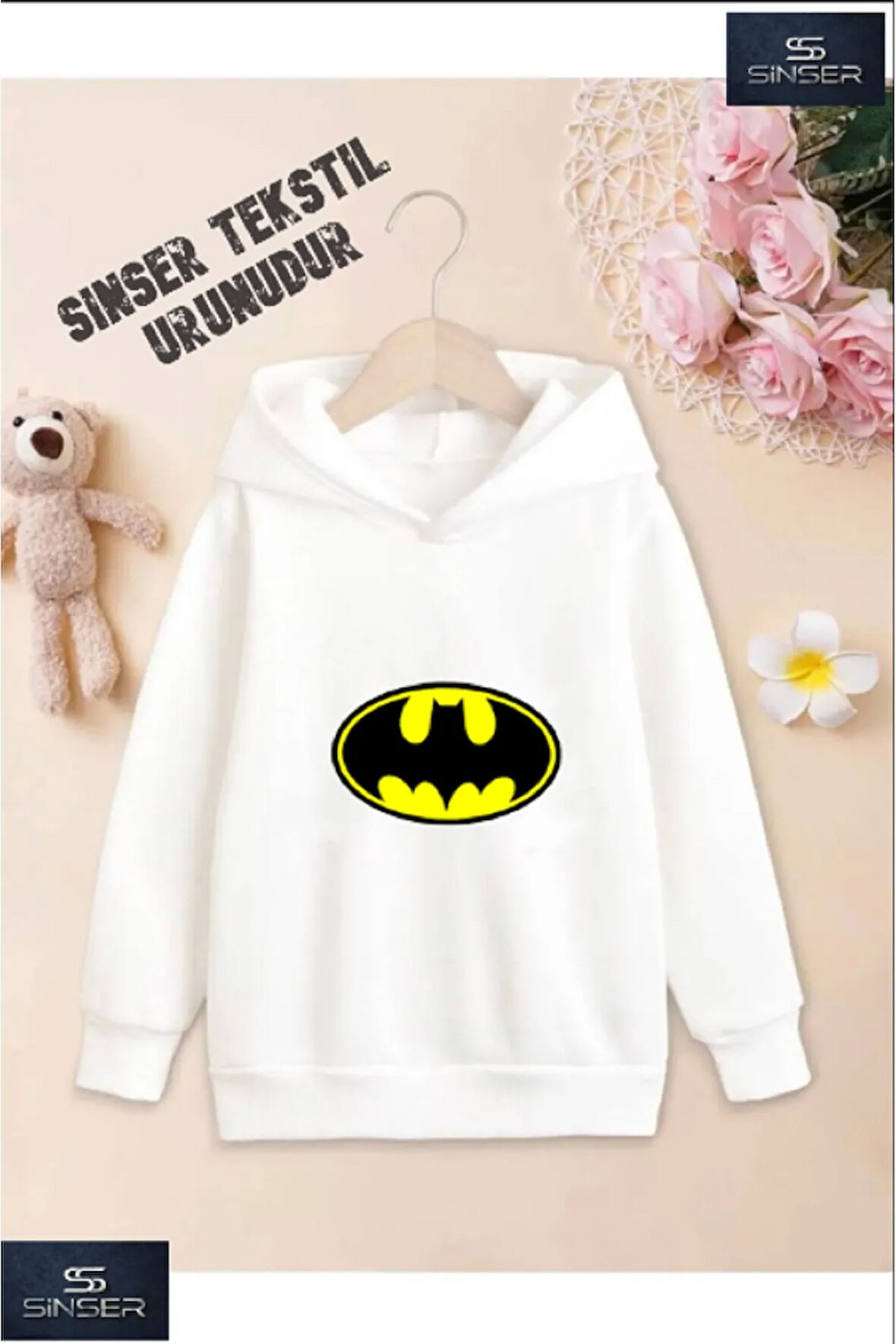 Kız/Erkek Çocuk Beyaz Kapüşonlu ''BATMAN'' Baskılı Sweatshirt