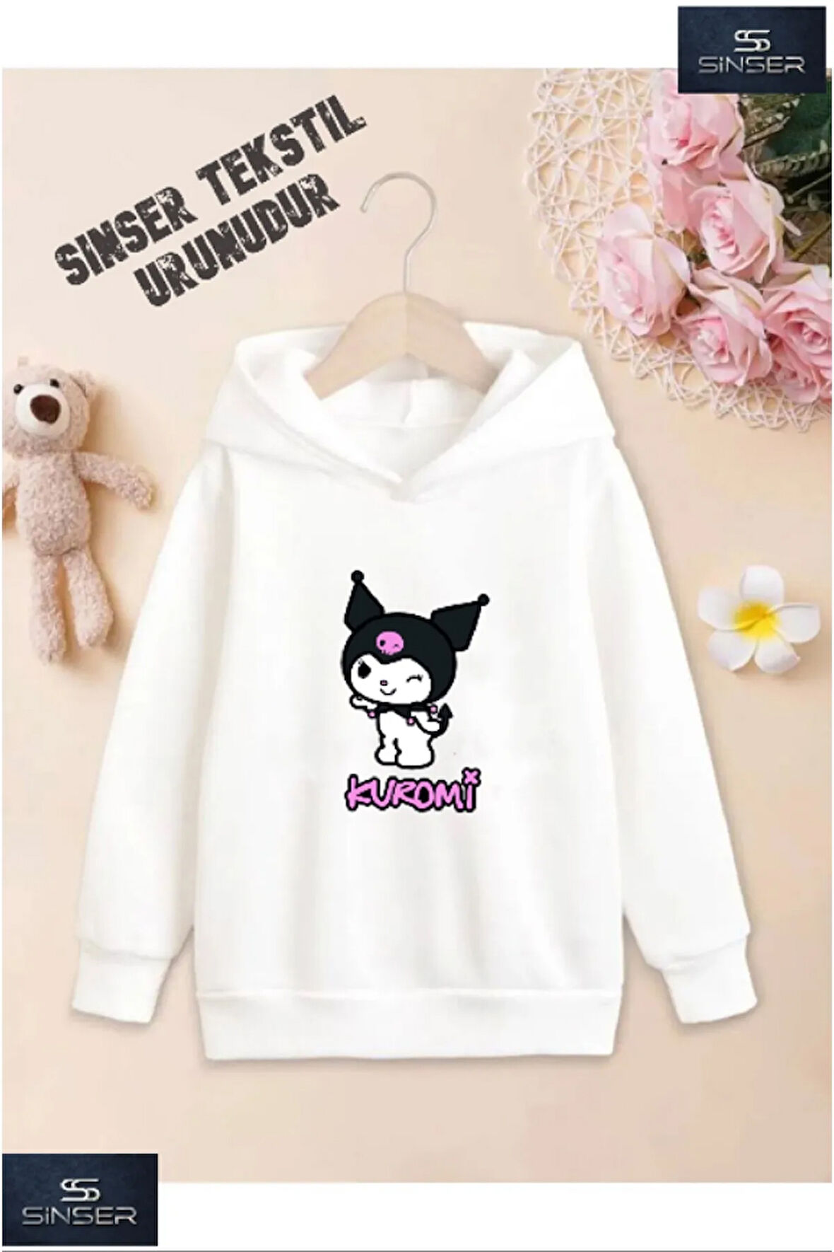 Kız/Erkek Çocuk Beyaz Kapüşonlu ''KUROMI'' Baskılı Sweatshirt