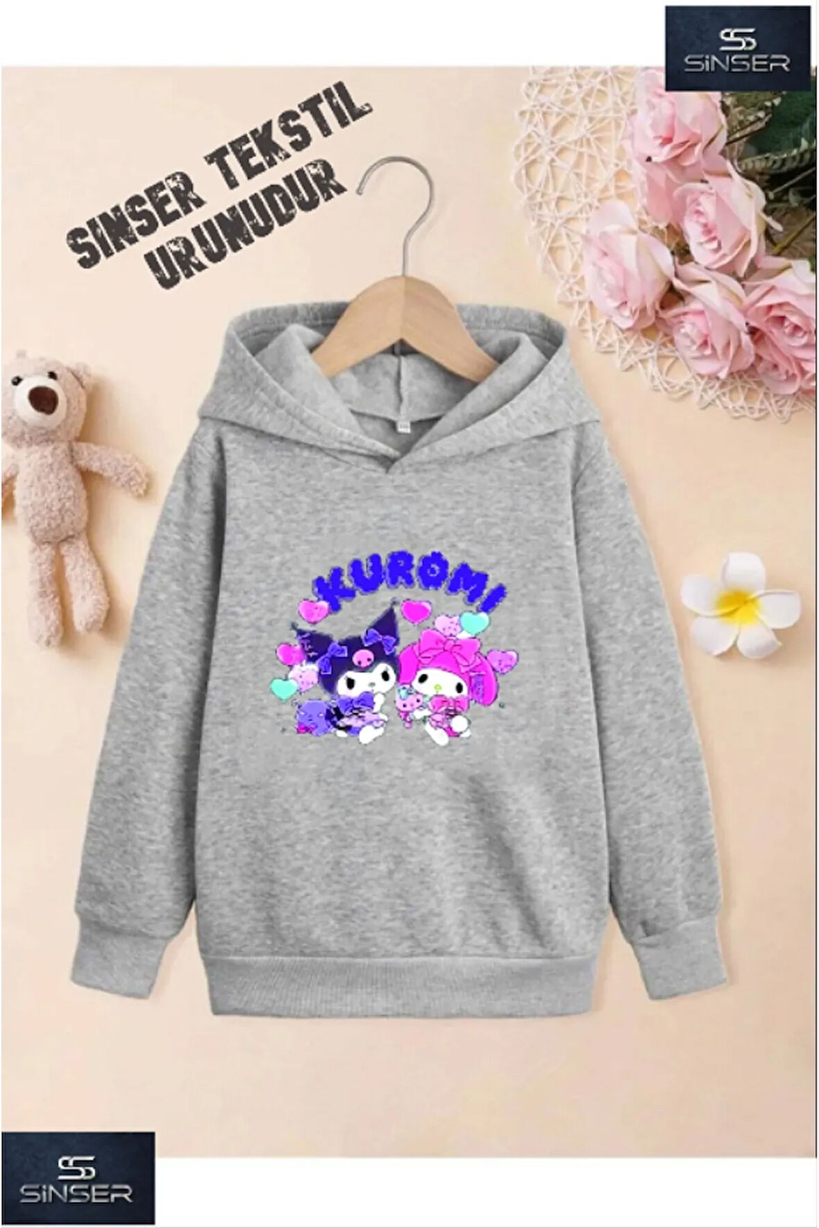 Kız/Erkek Çocuk Beyaz Kapüşonlu ''KUROMI ÖZEL'' Baskılı Sweatshirt