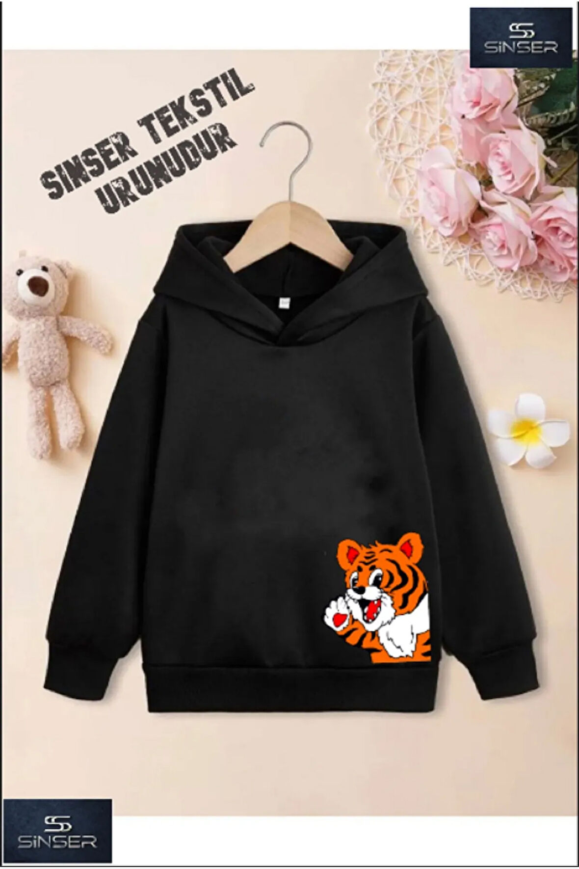 Kız/Erkek Çocuk Beyaz Kapüşonlu ''YANDAN AYICIK'' Baskılı Sweatshirt
