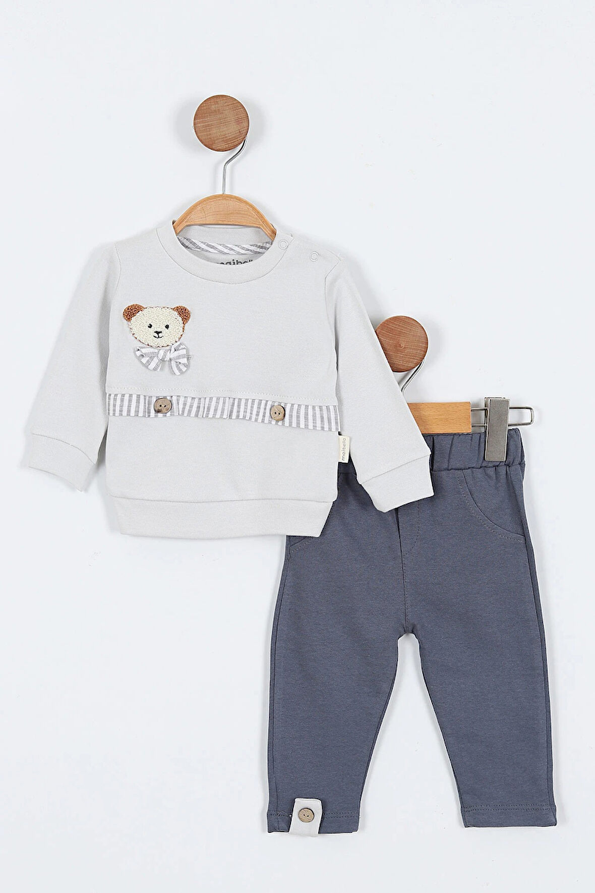 Ayı Desenli Uzun Kollu Pamuklu Sweat Pantolon Erkek Bebek Alt Ust Takım Erkek Bebek İkili Takım 2 li