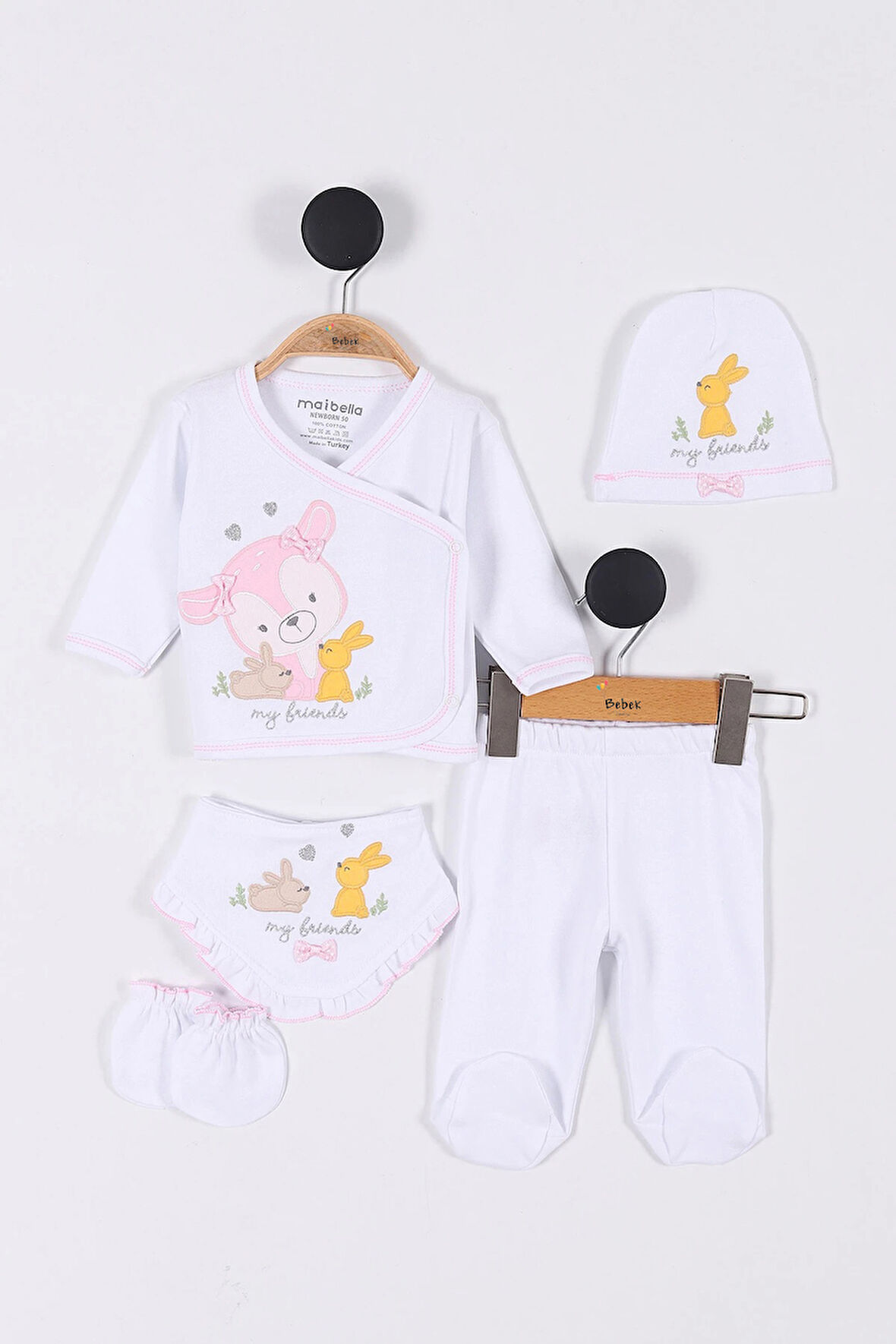 Tavşan Desenli Kız Bebek Hastane Çıkışı Bebek Kıyafetleri Yenidoğan Hastane Çıkış Seti 5 li  Müslin