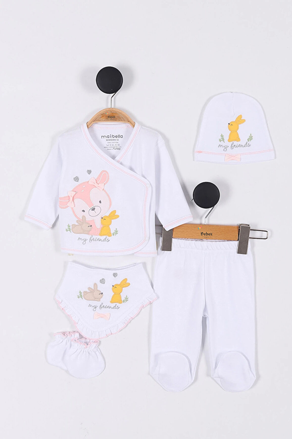 Tavşan Desenli Kız Bebek Hastane Çıkışı Bebek Kıyafetleri Yenidoğan Hastane Çıkış Seti 5 li  Müslin