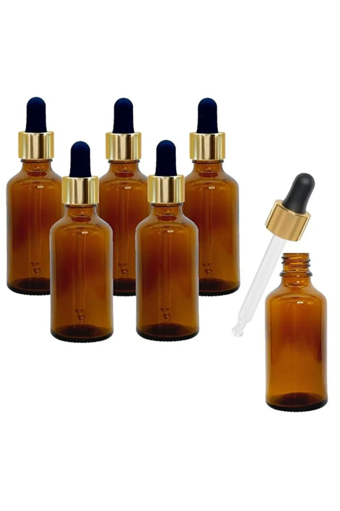 Altın/Siyah Cam Pipetli 50ml Amber Cam Şişeler 6 Adet
