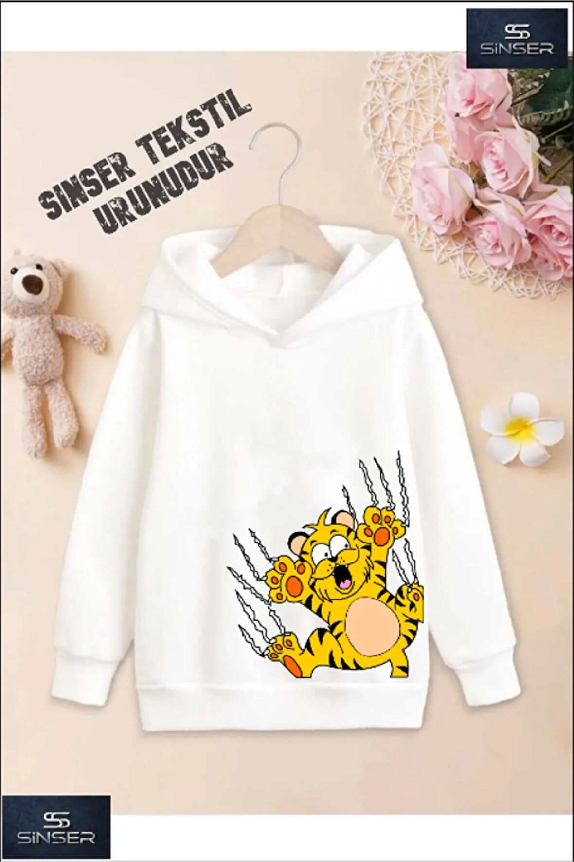 Kız/Erkek Çocuk Beyaz Kapüşonlu ''GARFILD PENCELI'' Baskılı Sweatshirt