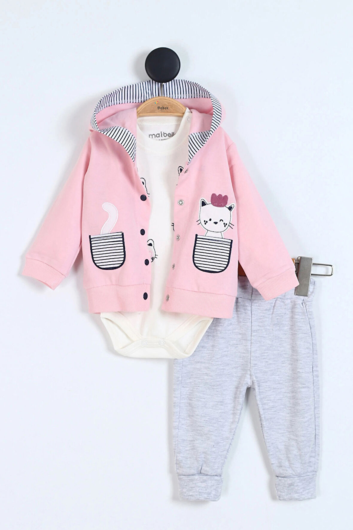 Kedi Desenli Pamuklu ÇıtÇıtlı Kapşonlu Zıbın Uzun Kollu Kız Bebek 3'lü Takım Alt Üst Kız Bebek Takım