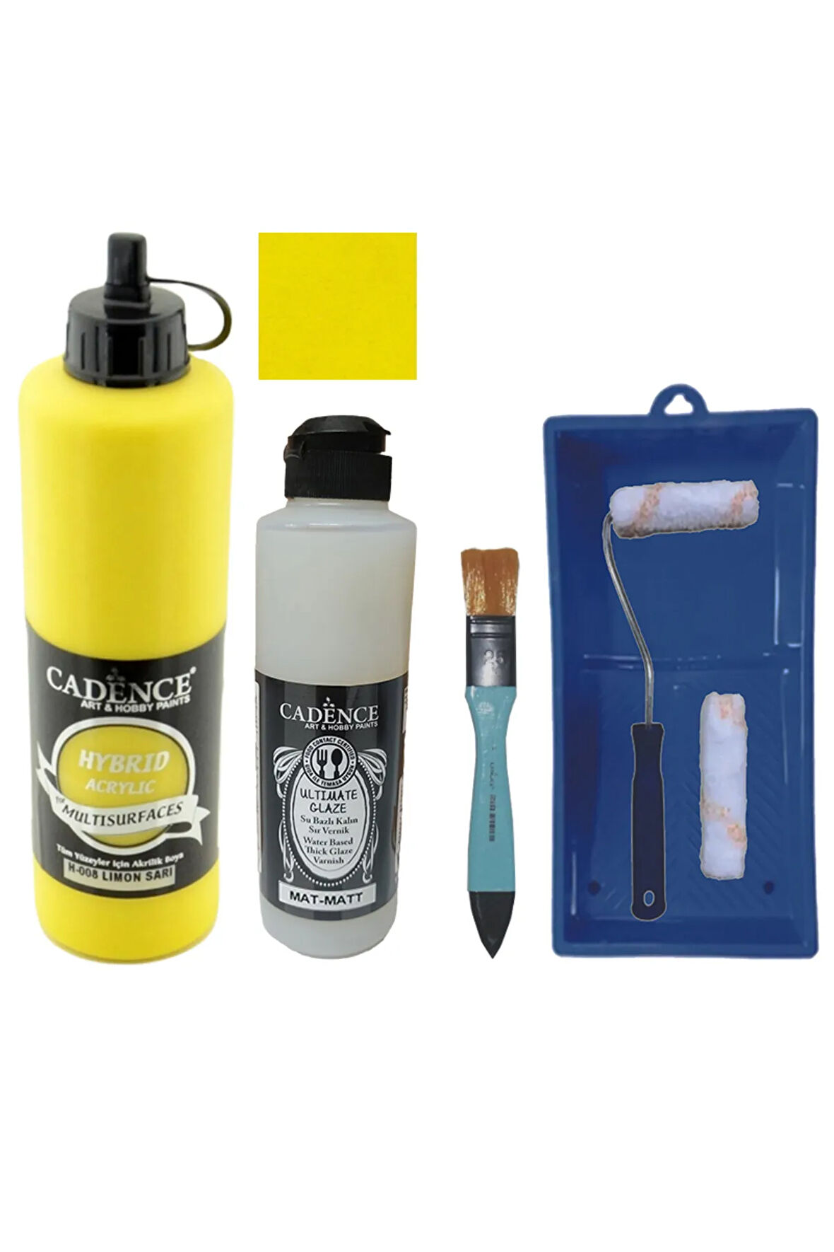 Mobilya Boyası-Cadence Multisurface H-008 Limon Sarı 500Ml Ultimate Vernik Mat 250Ml Saten Rulo Set