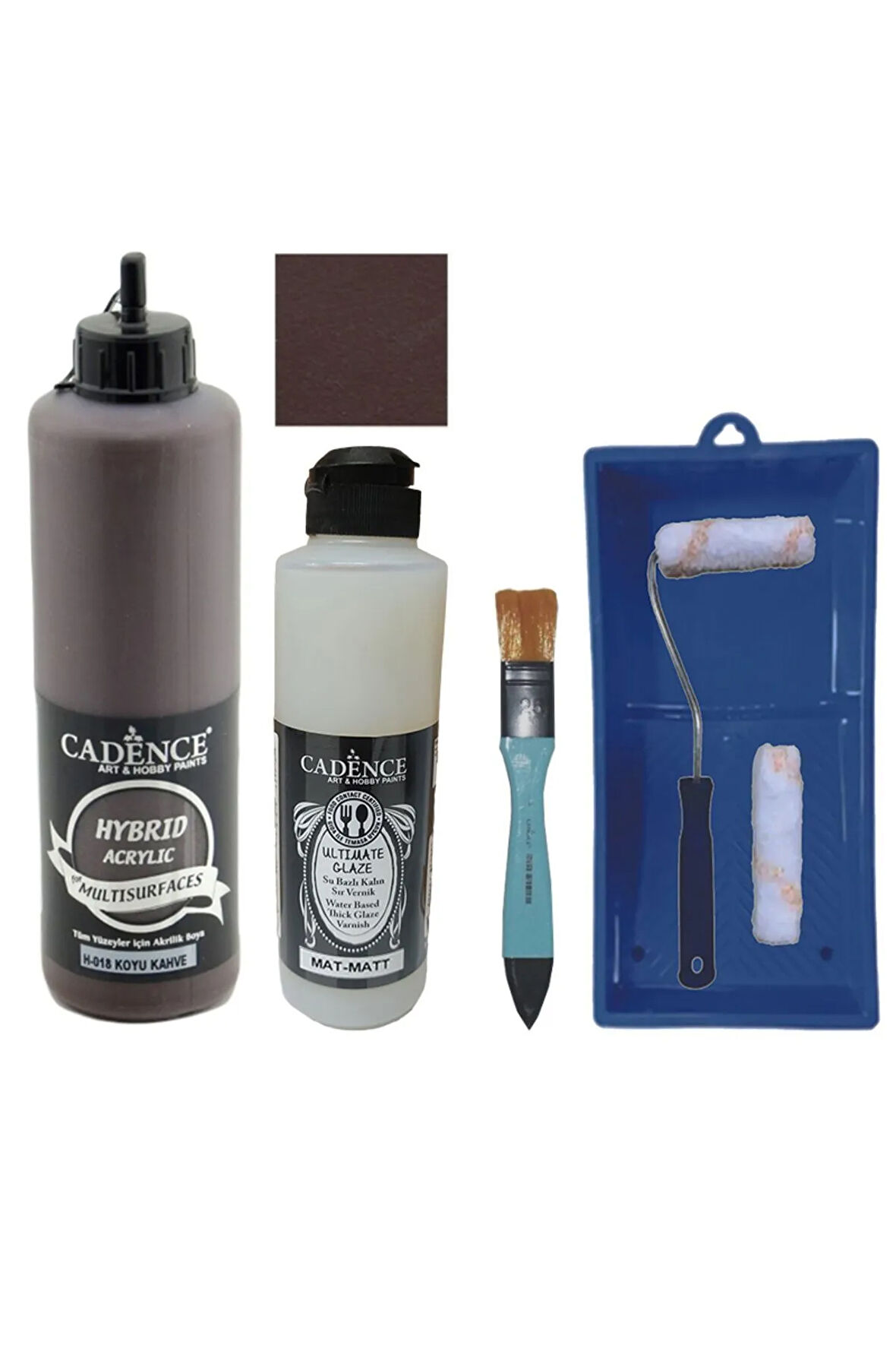 Mobilya Boyası-Cadence Multisurface H-018 Koyu Kahve 500Ml Ultimate Vernik Mat 250Ml Saten Rulo Set