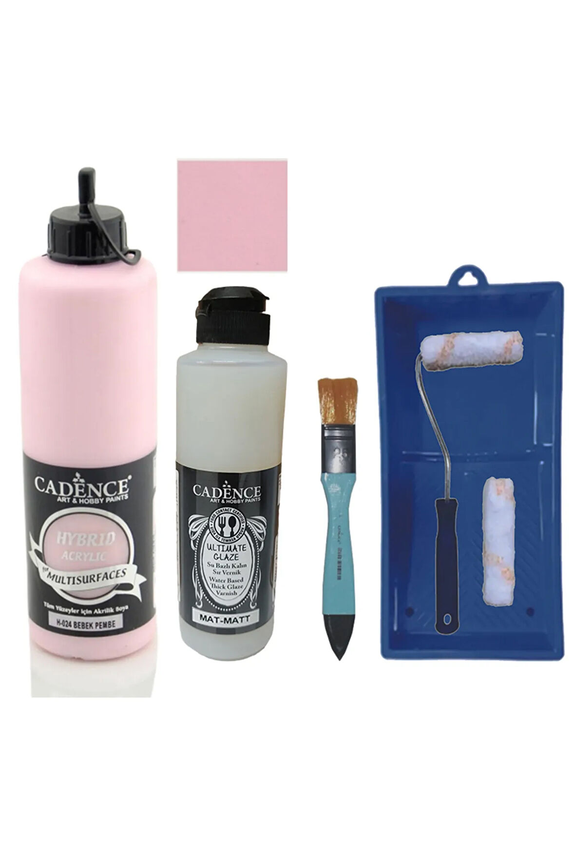 Mobilya Boyası-Cadence Multisurface H-024 Bebek Pembe 500Ml Ultimate Vernik Mat 250Ml Saten Rulo Set