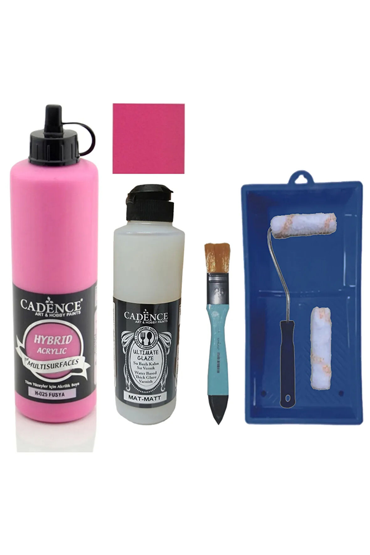 Mobilya Boyası-Cadence Multisurface H-025 Fuşya 500Ml Ultimate Vernik Mat 250Ml Saten Rulo Set