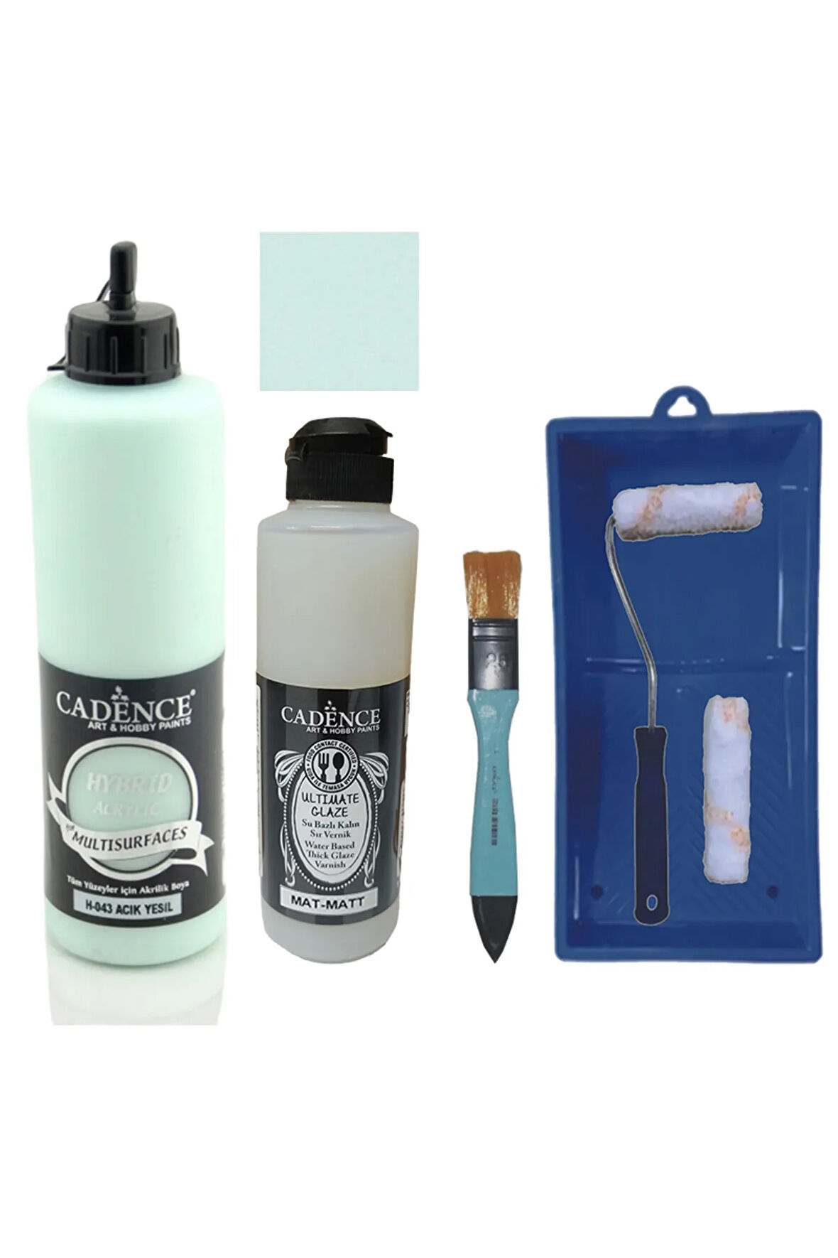 Mobilya Boyası-Cadence Multisurface H-043 Açık Yeşil 500Ml Ultimate Vernik Mat 250Ml Saten Rulo Set