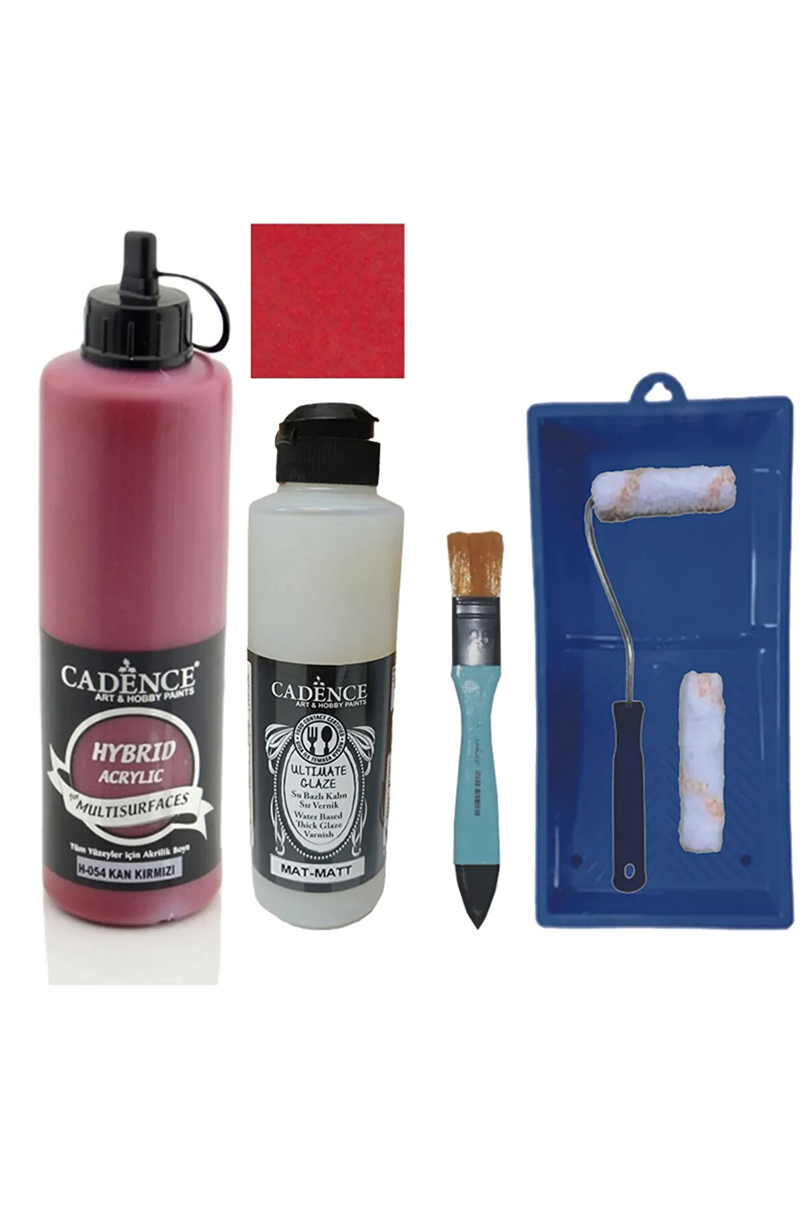 Mobilya Boyası-Cadence Multisurface H-054 Kan Kırmızı 500Ml Ultimate Vernik Mat 250Ml Saten Rulo Set