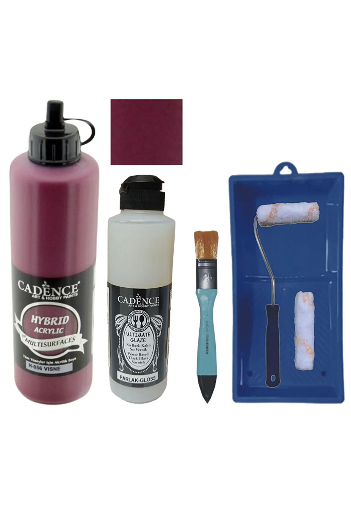 Mobilya Boyası-Cadence Multisurface H-056 Vişne 500Ml Ultimate Vernik Parlak 250Ml Saten Rulo Set