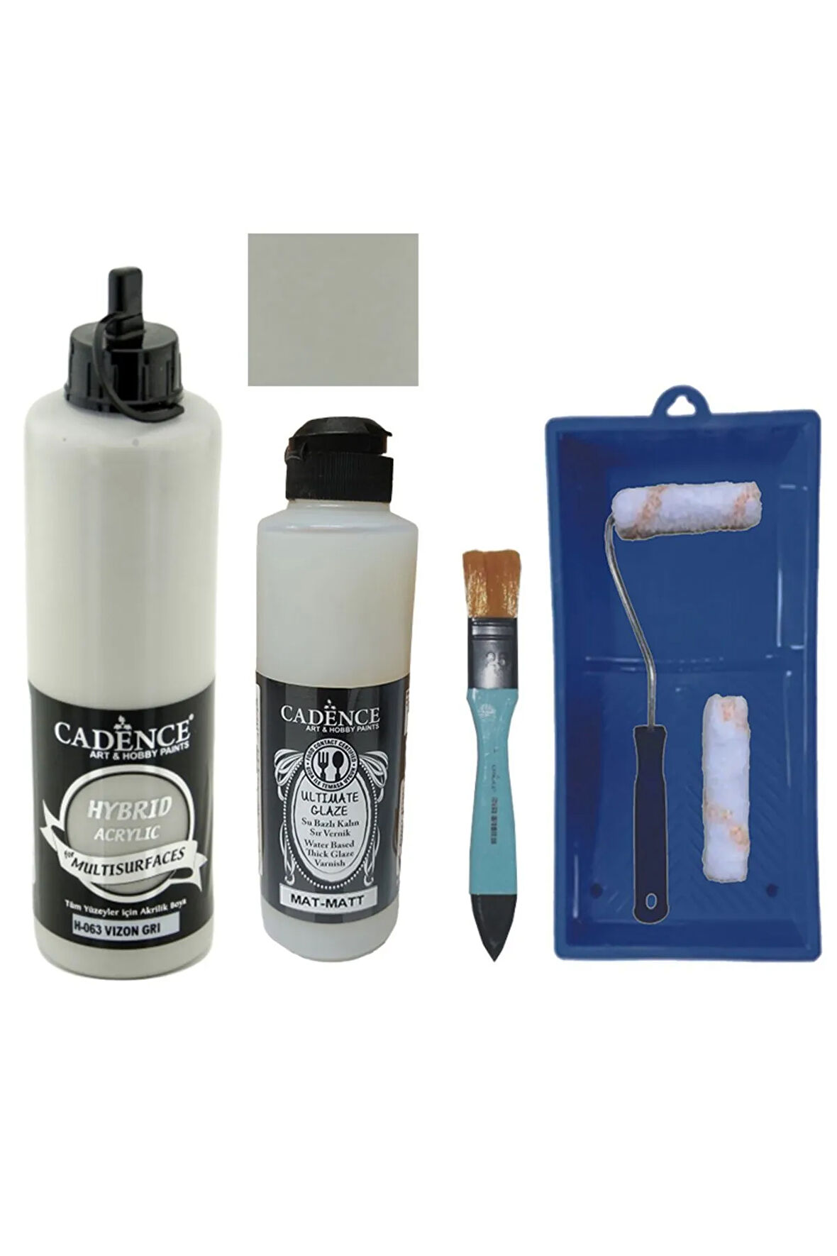 Mobilya Boyası-Cadence Multisurface H-063 Vizon Gri 500Ml Ultimate Vernik Mat 250Ml Saten Rulo Set
