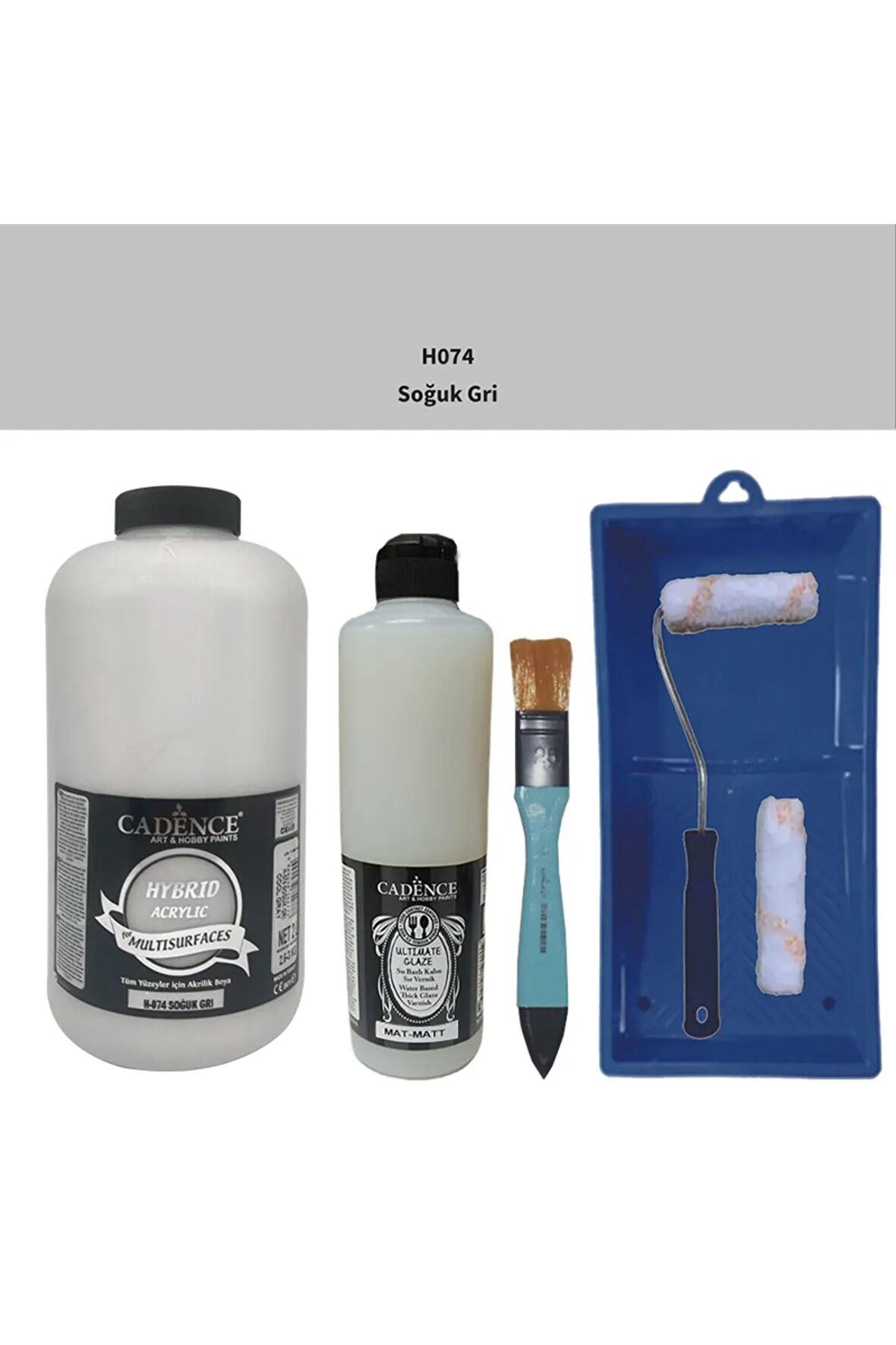 Mobilya Boyası-Cadence Multisurface H-074 Soğuk Gri 2000Ml Ultimate Vernik Mat 500Ml Saten Rulo Set