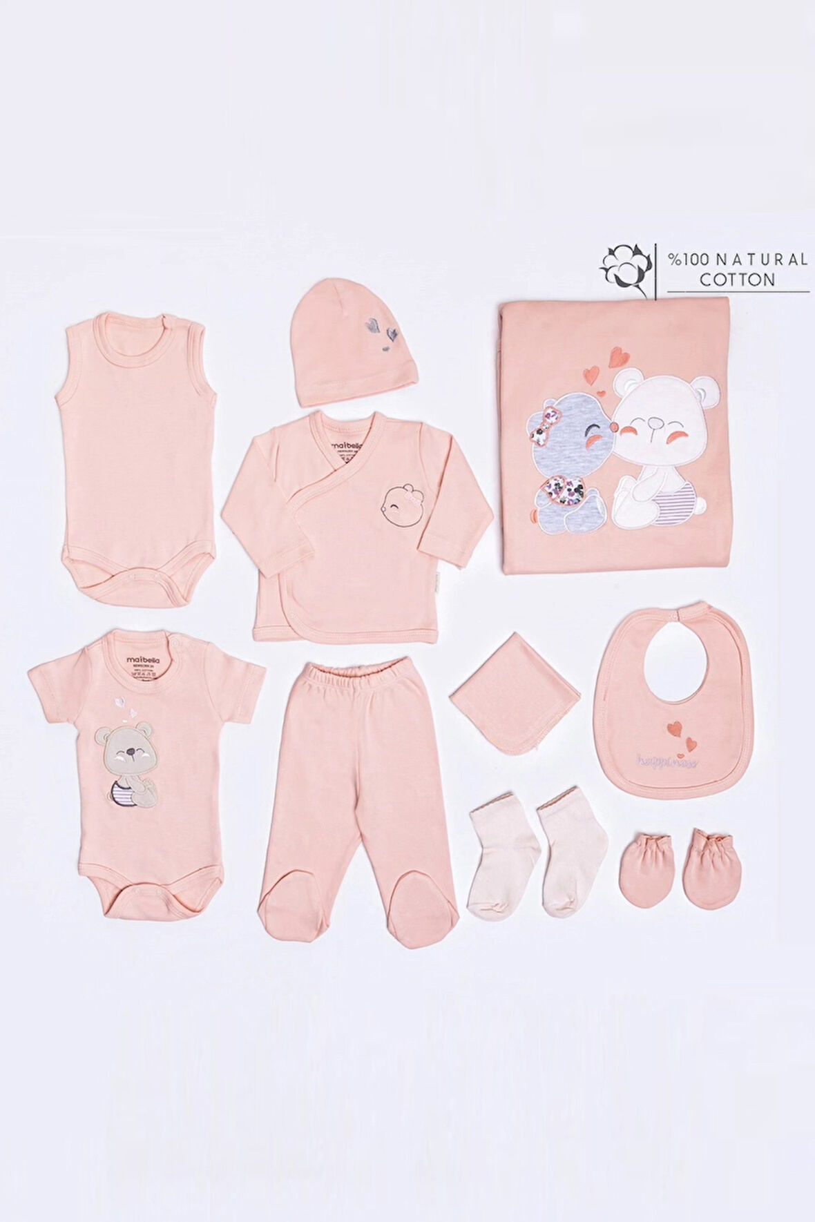 Ayı Desenli Kız Bebek Hastane Çıkışı Bebek Kıyafetleri Yenidoğan Hastane Çıkış Seti 10 lu Kutulu