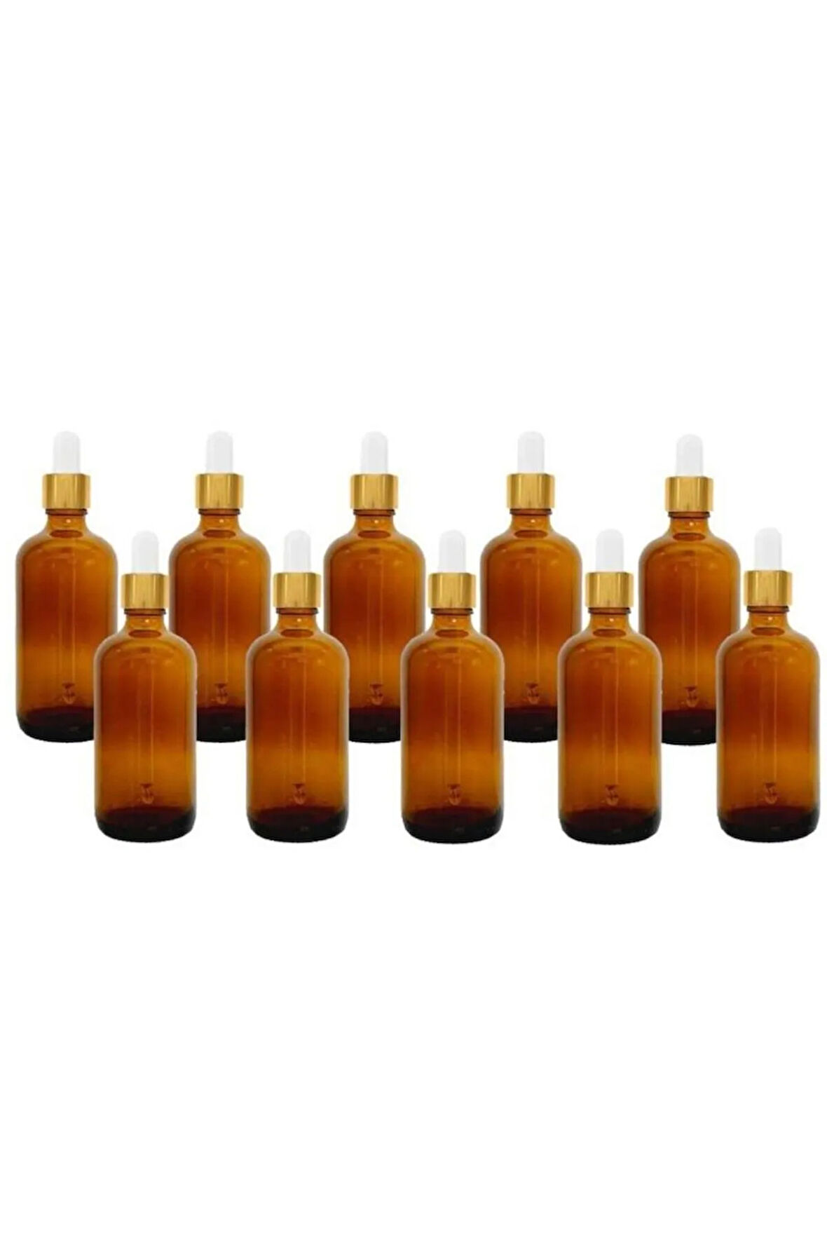 100ml Amber Cam Şişeler ve Altın/Beyaz Cam Pipetler 10 Adet