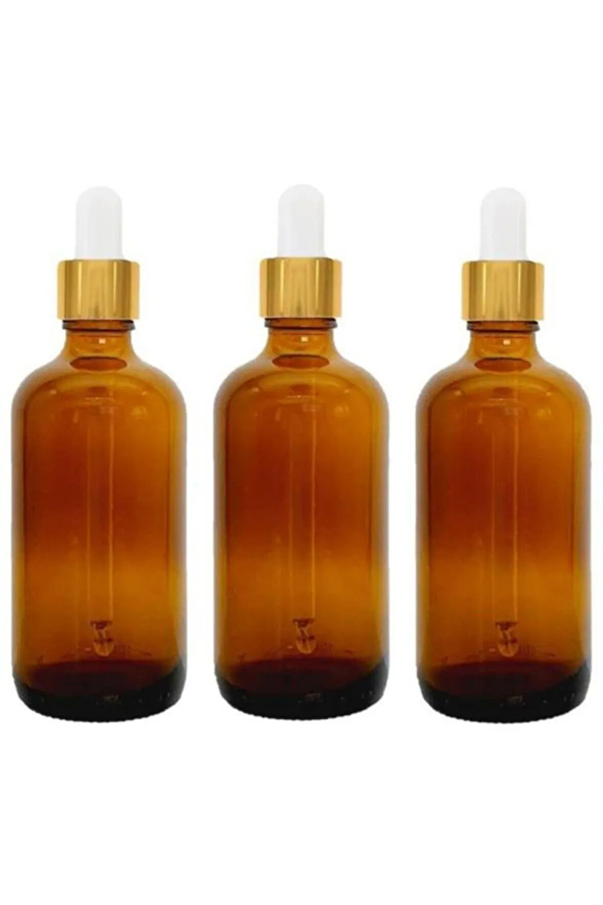 100ml Amber Cam Şişeler ve Altın/Beyaz Cam Pipetler 3 Adet