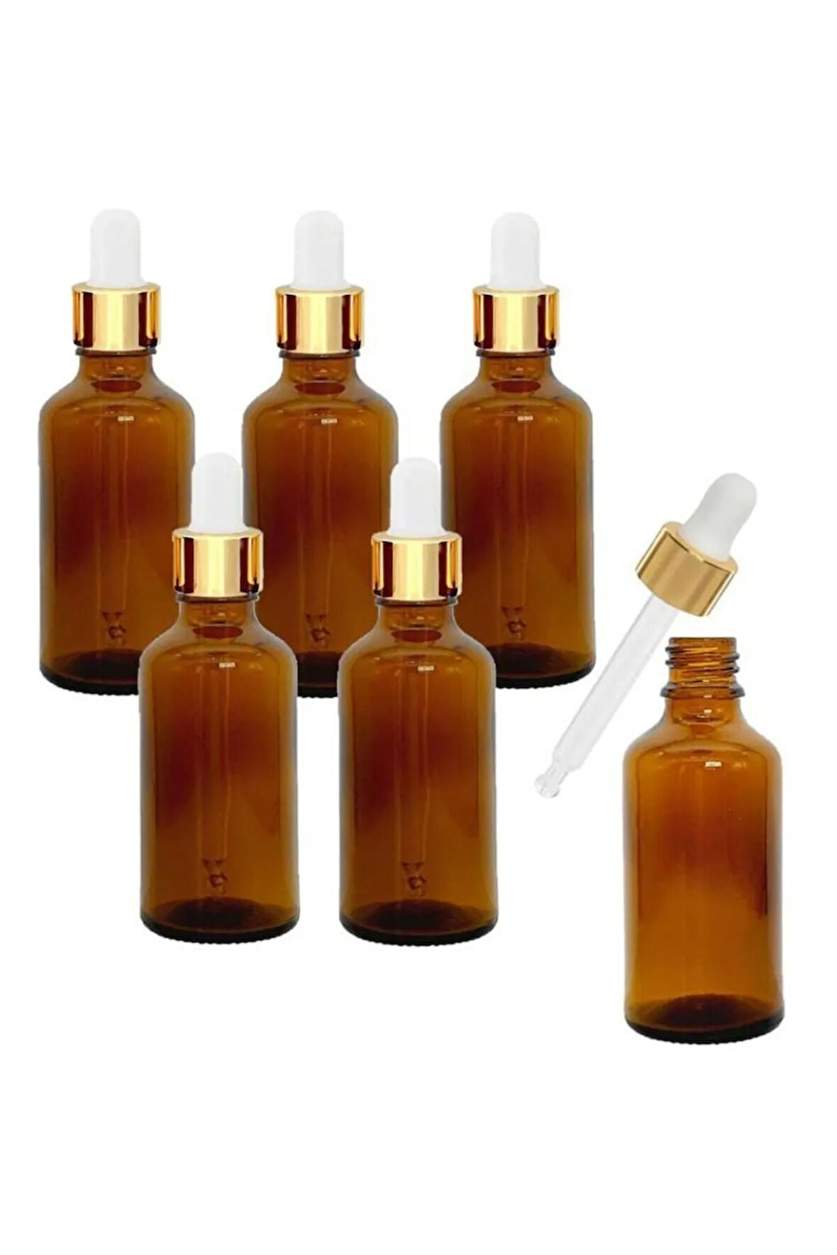50ml Amber Cam Şişeler, Altın/Beyaz Cam Pipetli 6 Adet