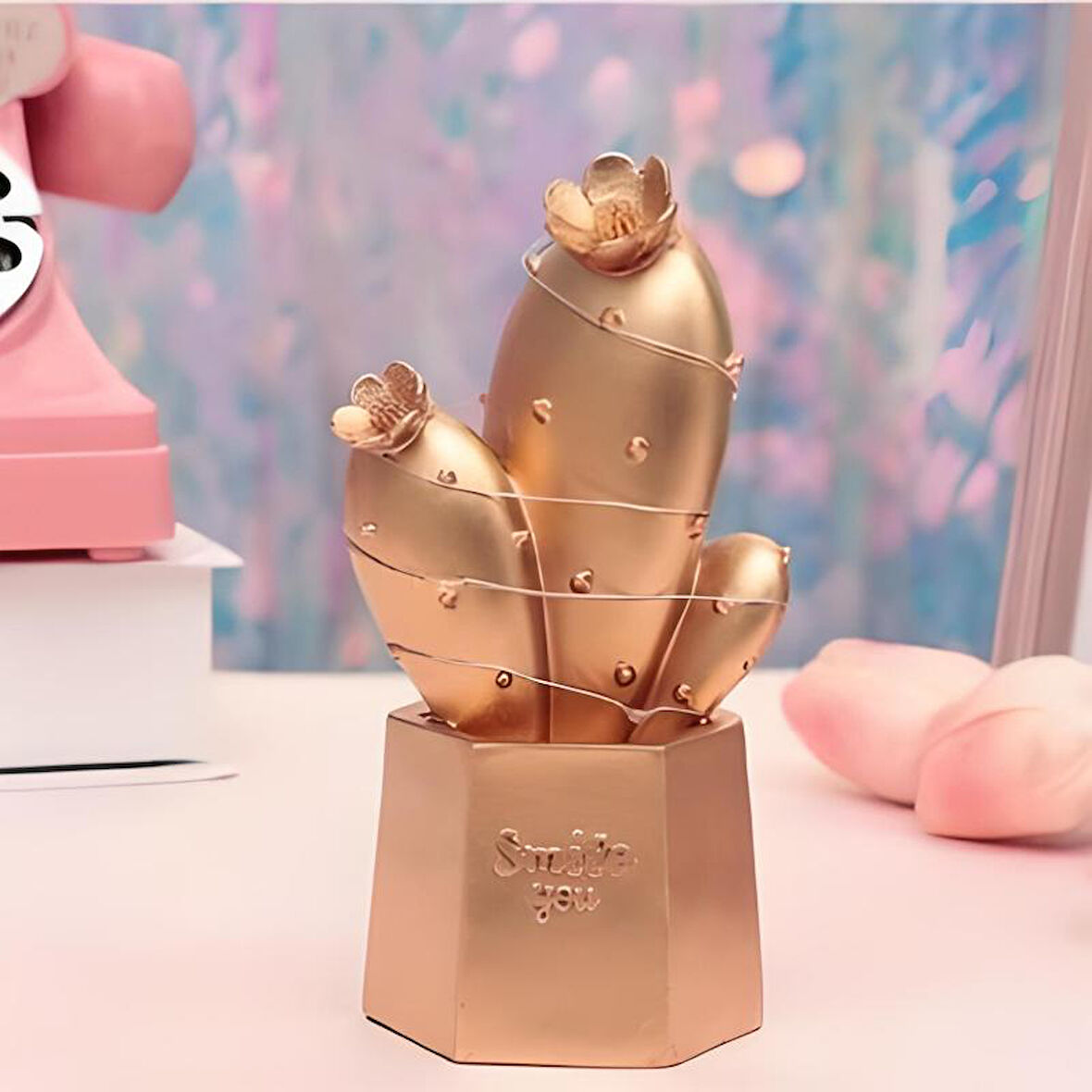 Led Işıklı Sevimli Kaktüs Dekoratif Masa Lambası Mini Biblo Gece Lambası Gold