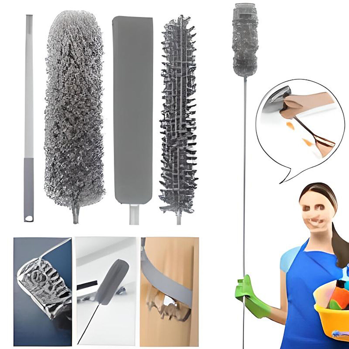 Teleskopik 3′lü Mop Toz Alma Püskülü Çok Fonksiyonlu Temizlik Seti