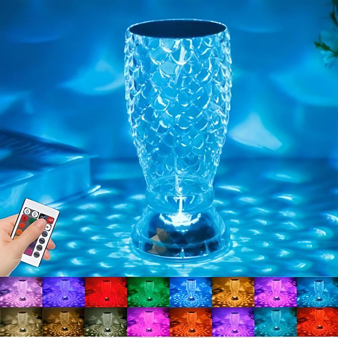 Balık Süzgeç Model USB Şarjlı Dokunmatik Kumandalı 16 Farklı Işık Modlu Masa Üstü Kristal Akrilik Lamba Led