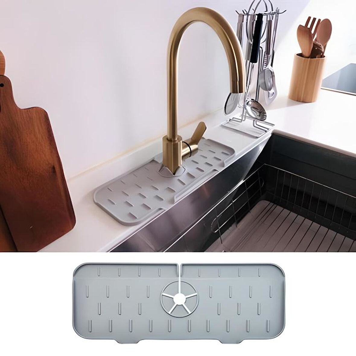 Lavabo İçin Silikon Esnek Mat Musluk Sapı Damlama Tutucu Raf Mutfak Tezgahı Sıçrama Koruma