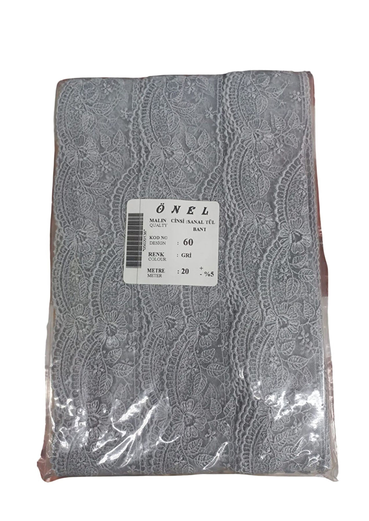 Dantel Polyester Sanal Tül Bant Gri 20 Metre En 6 cm ON-60-G