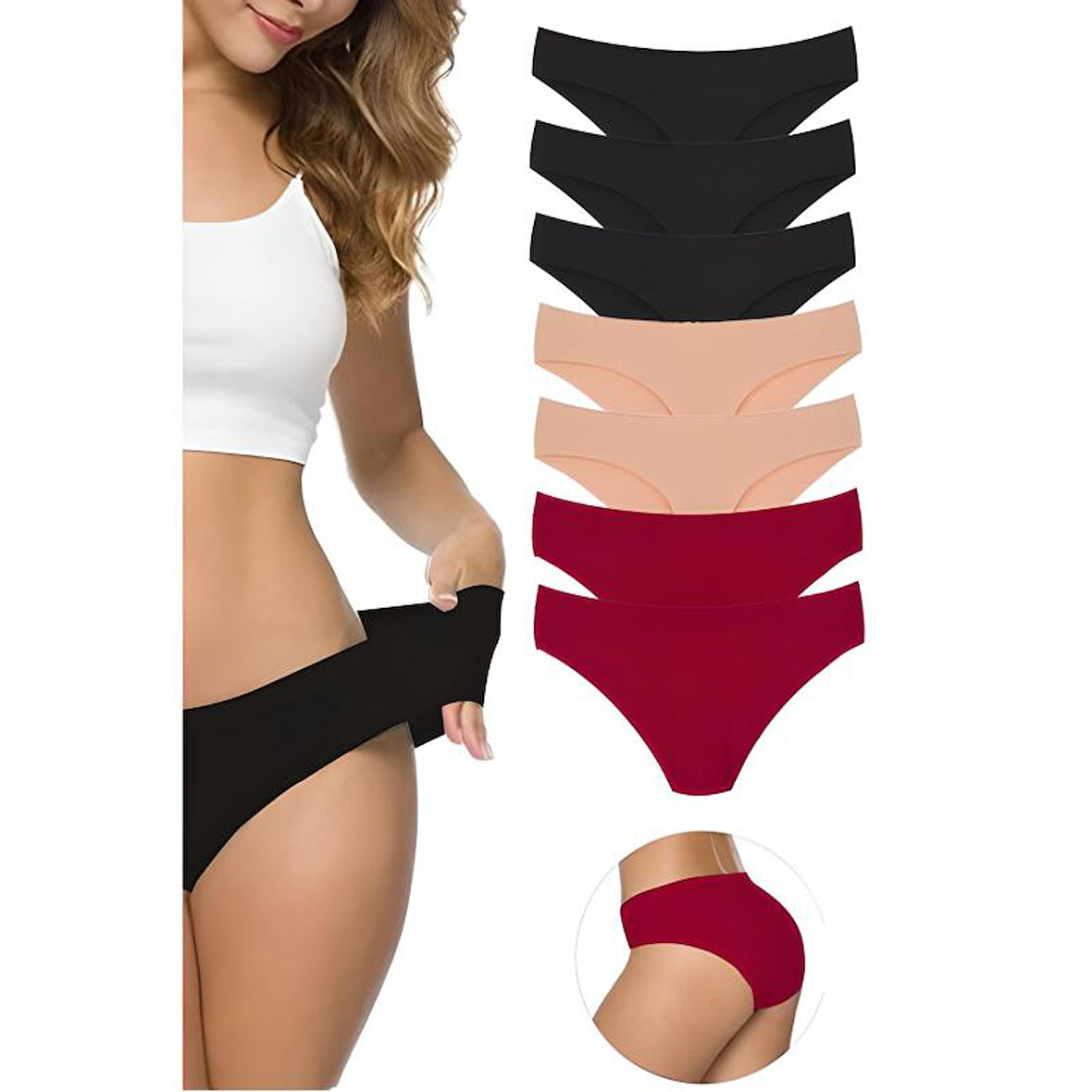 7 Adet Kadın Dikişsiz Lazer Kesim Esnek İz yapmayan Külot Bordo