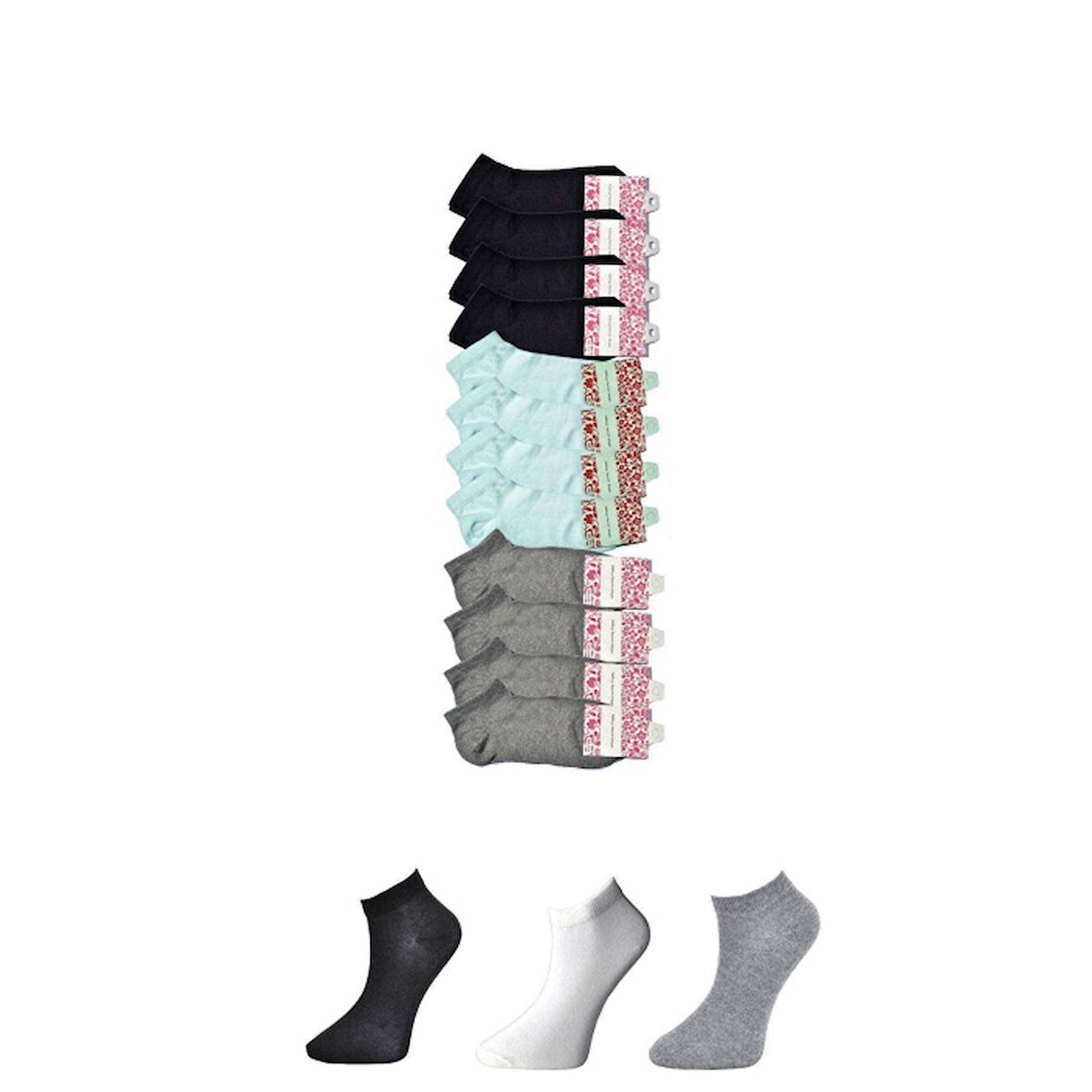 Siyah Gri ve Beyaz Kadın Bilek Çorap 12 çift