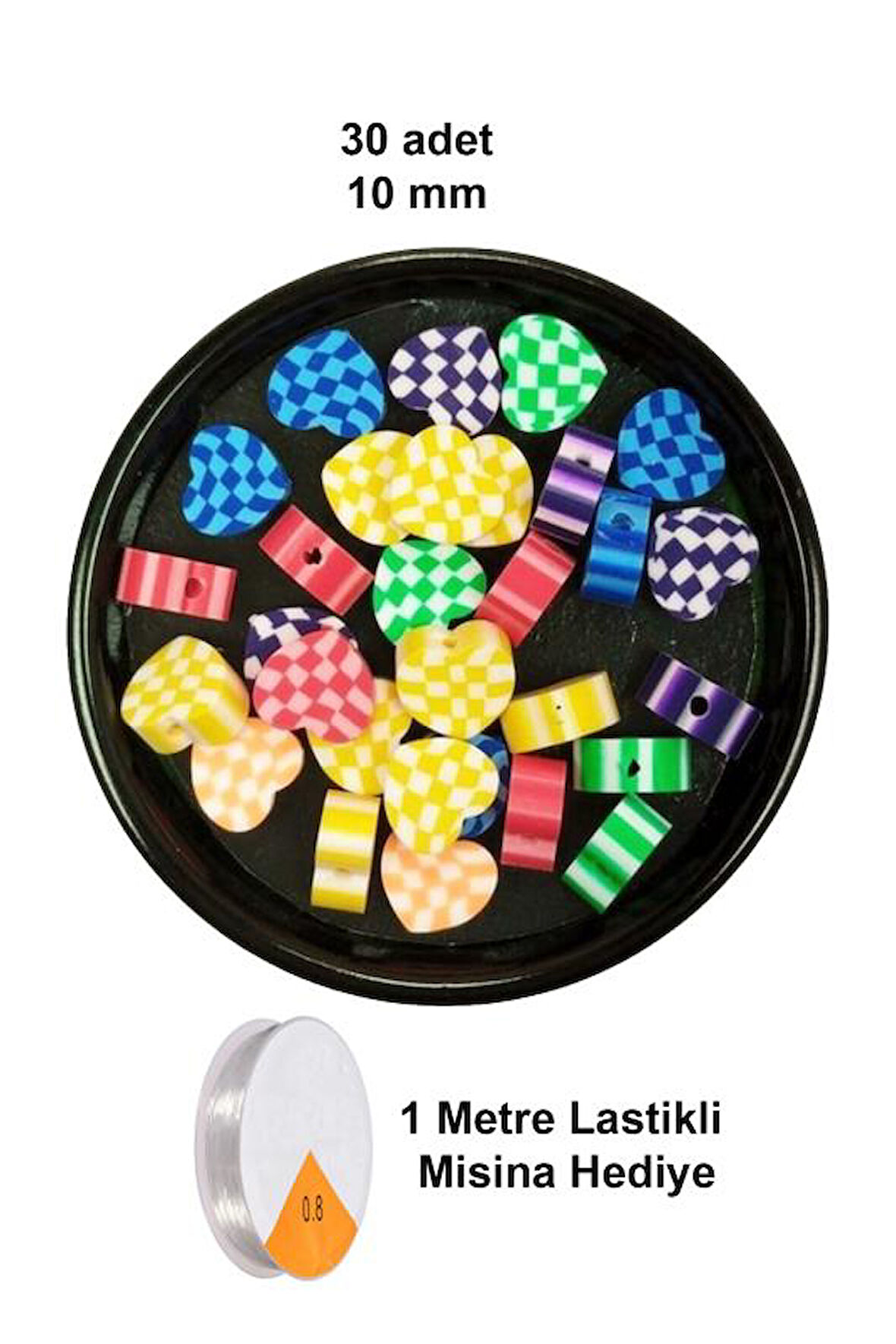 30 Adet 10 mm Polimer Kil Fimo Boncuk Takı Bileklik + 5 Metre Lastikli Misina Hediye - Desenli Kalp