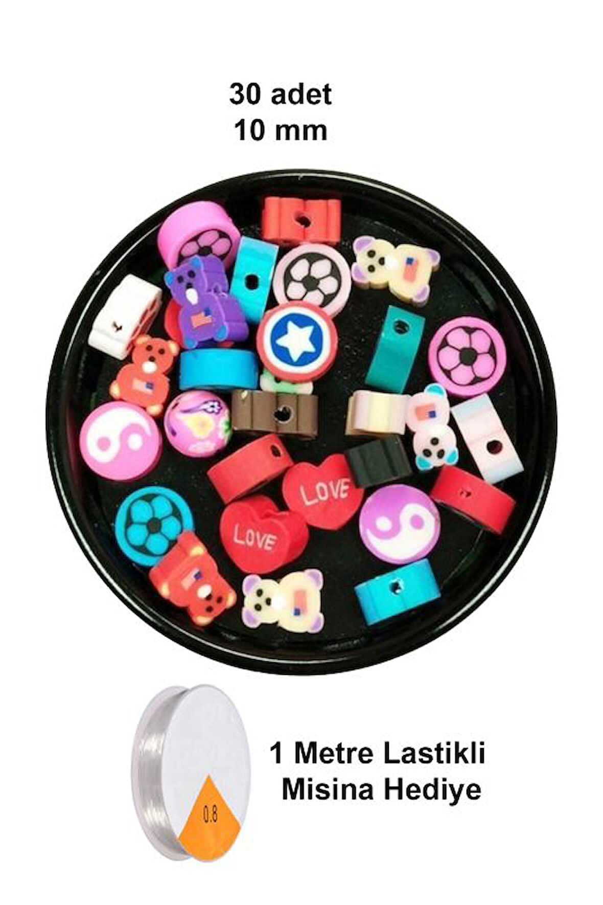 30 Adet 10 mm Polimer Kil Fimo Boncuk Takı Bileklik + 5 Metre Lastikli Misina Hediye - Karışık Renkli