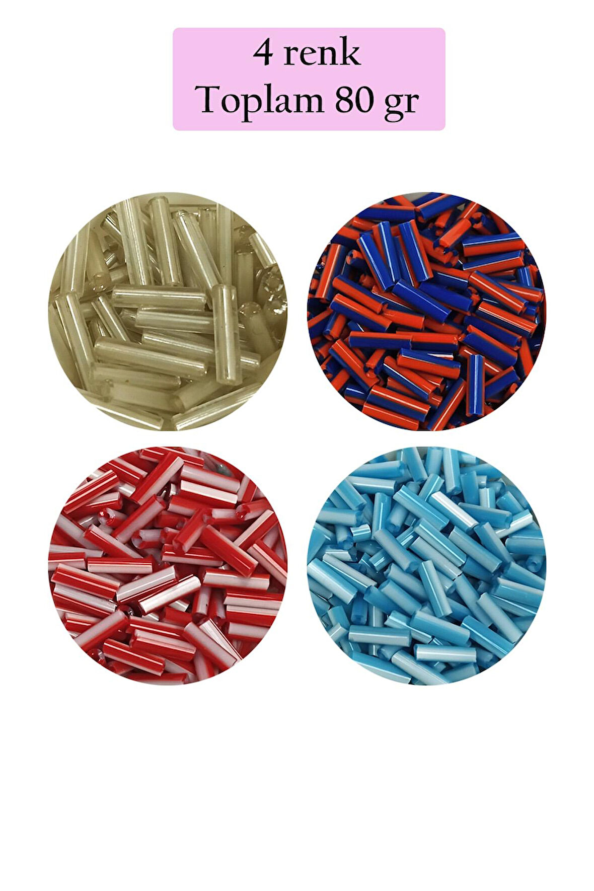 Uzun Boru Kesme Boncuk Çap 2mm Uzunluk 10 mm - 4 Renk - Toplam 80 Gram - BNC429