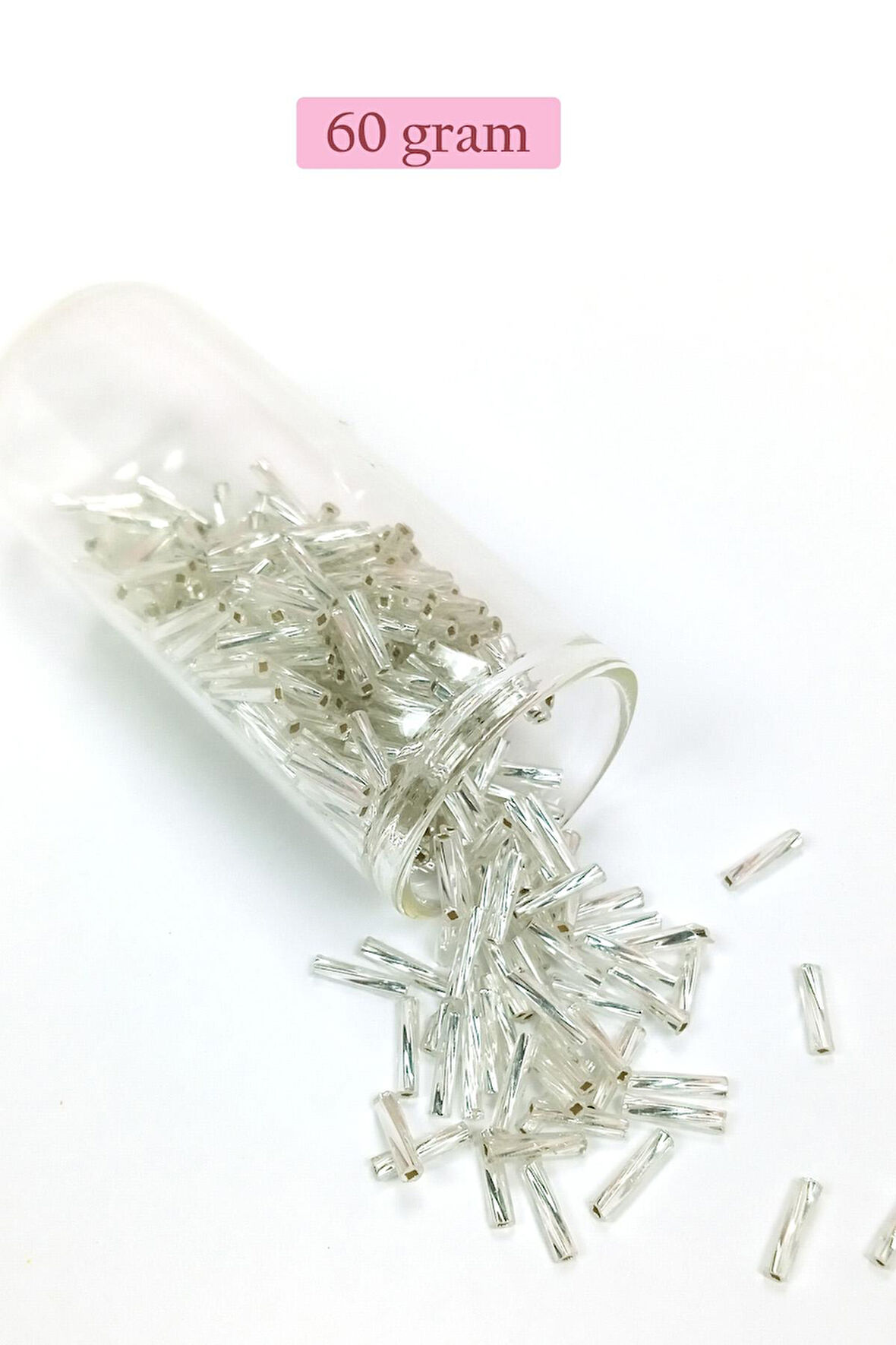 Uzun Boru Kesme Boncuk Çap 2mm Uzunluk 10 mm - 60 Gram - Parlak Gümüş - BNC296