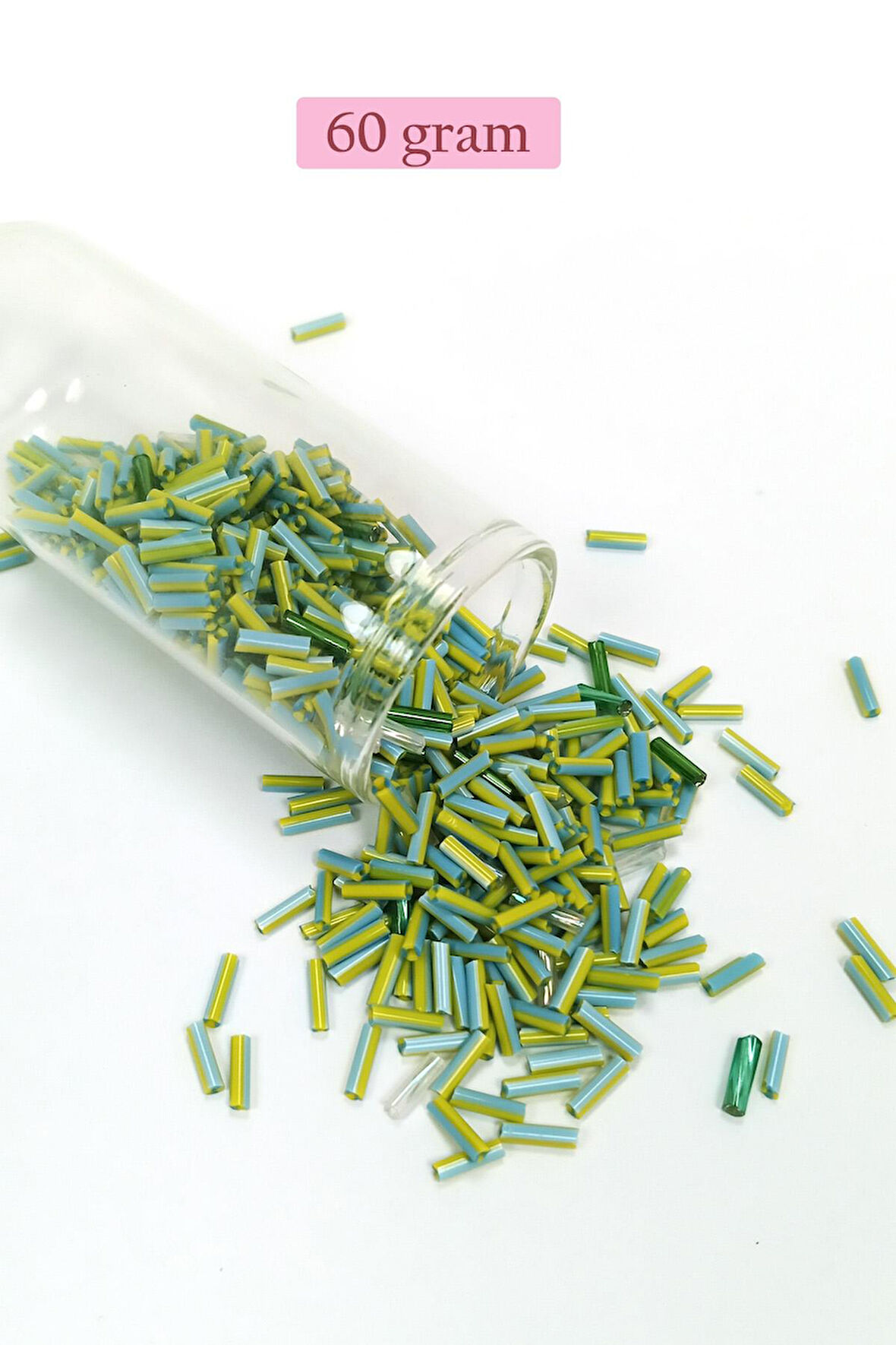 Uzun Boru Kesme Boncuk Çap 2mm Uzunluk 10 mm - 60 Gram - Yeşil Mavi - BNC289