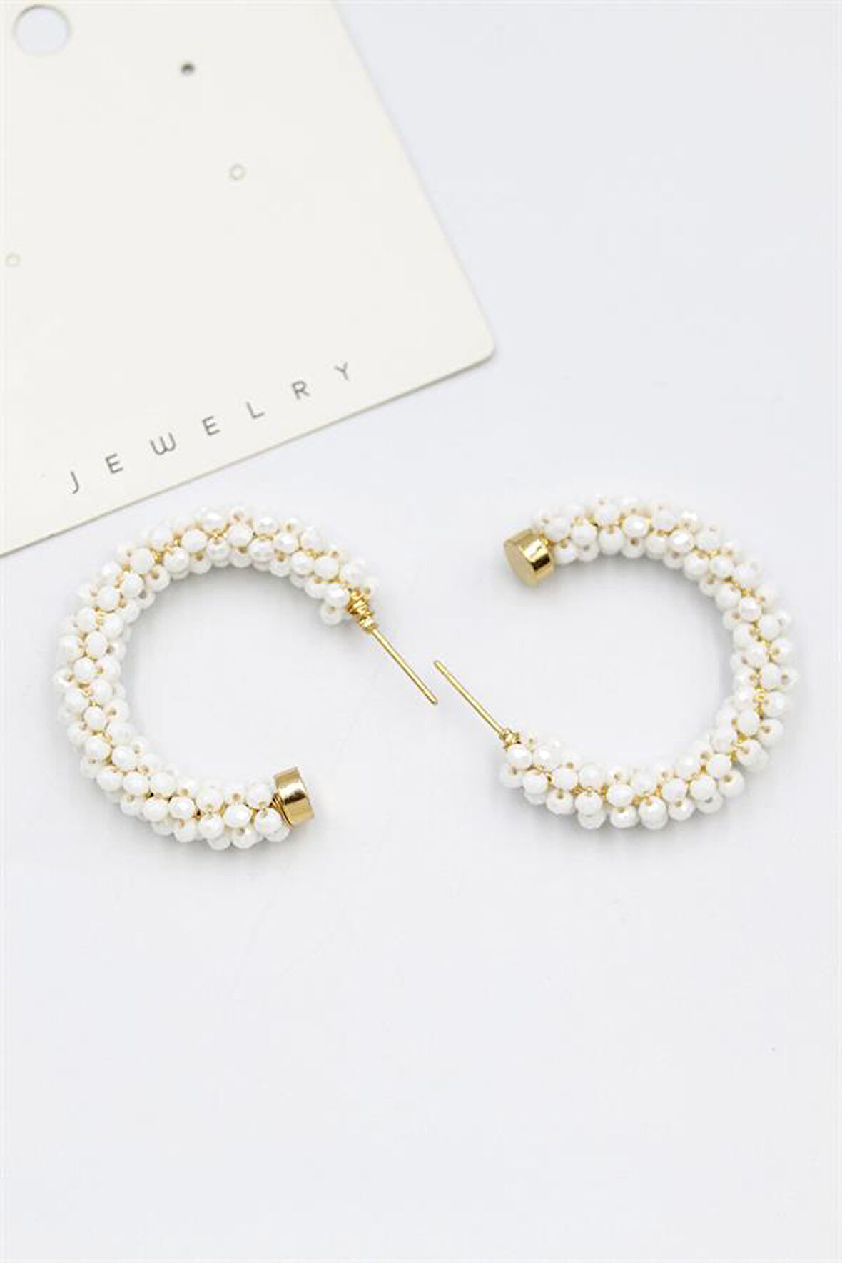 Kristal Boncuk Halka Küpe - Beyaz