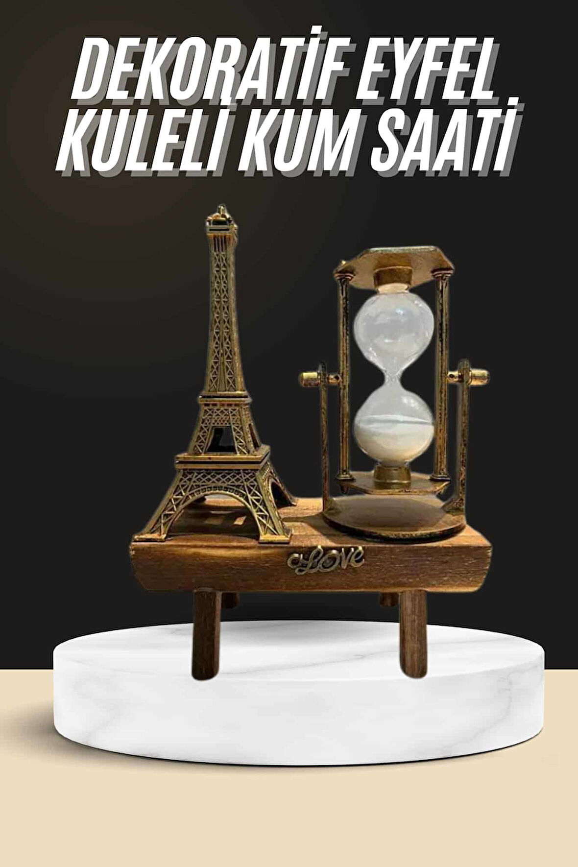 Retro Eyfel Kulesi Ve Kum Saati Dekoratif Ahşap Görünümlü Masa Biblosu