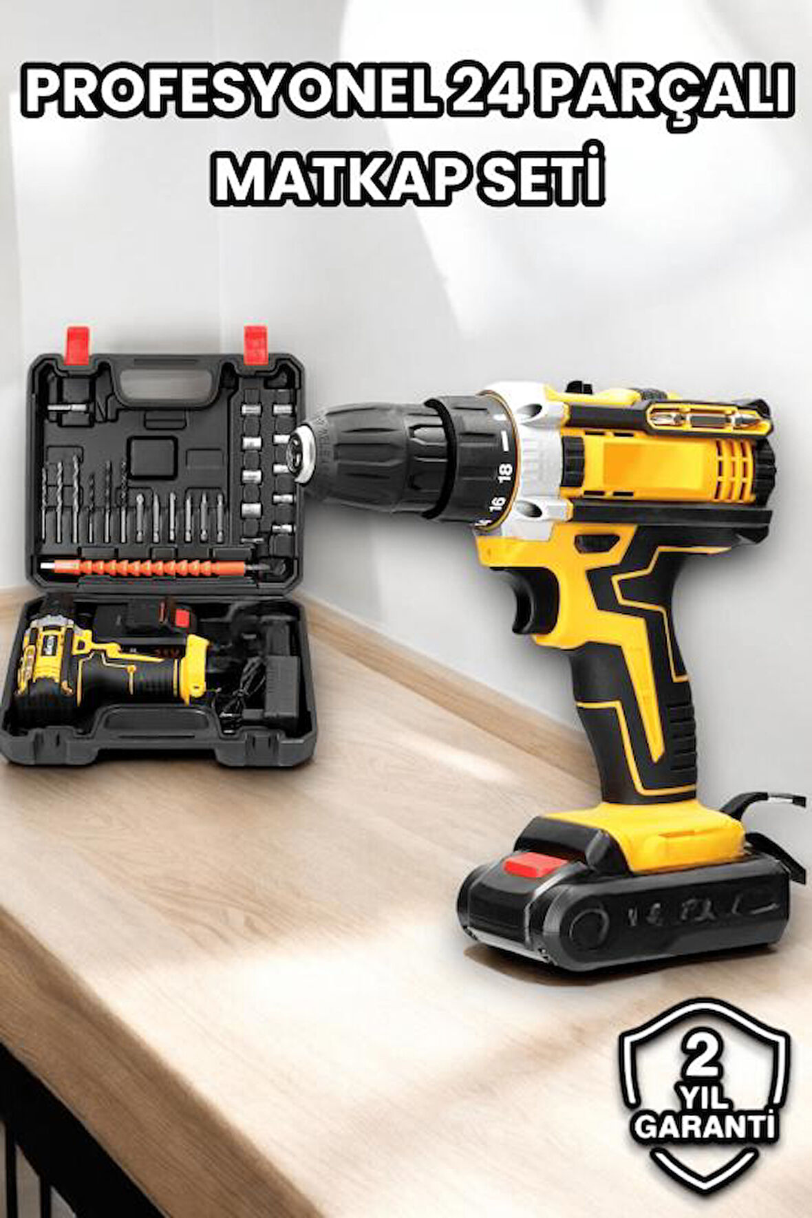 Metal Dişli 24W Akülü Matkap -Çift Bataryalı ve LED Çalışma Işığı ile Tam Set