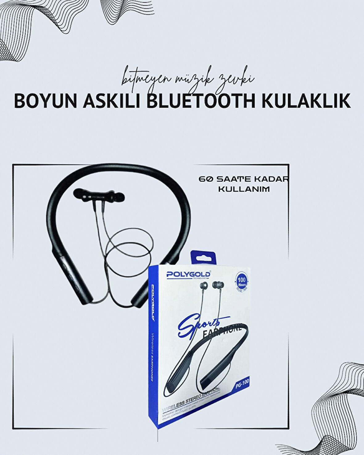 Polygold PG-100 Boyun Askılı Kablosuz Kulaklık – 200 Saat Bekleme Süresi, Stereo Ses, Mikrofonlu