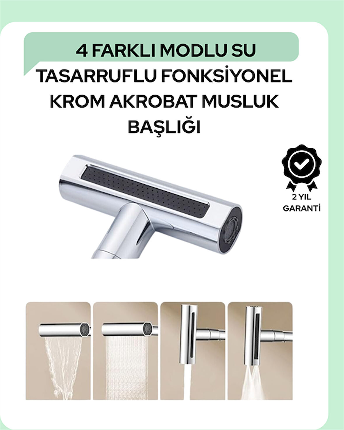 Çok Fonksiyonlu Musluk Başlığı | 4 Su Modu | Geniş Uyumlu Adaptör Seti | Mutfak ve Banyo Uyumlu