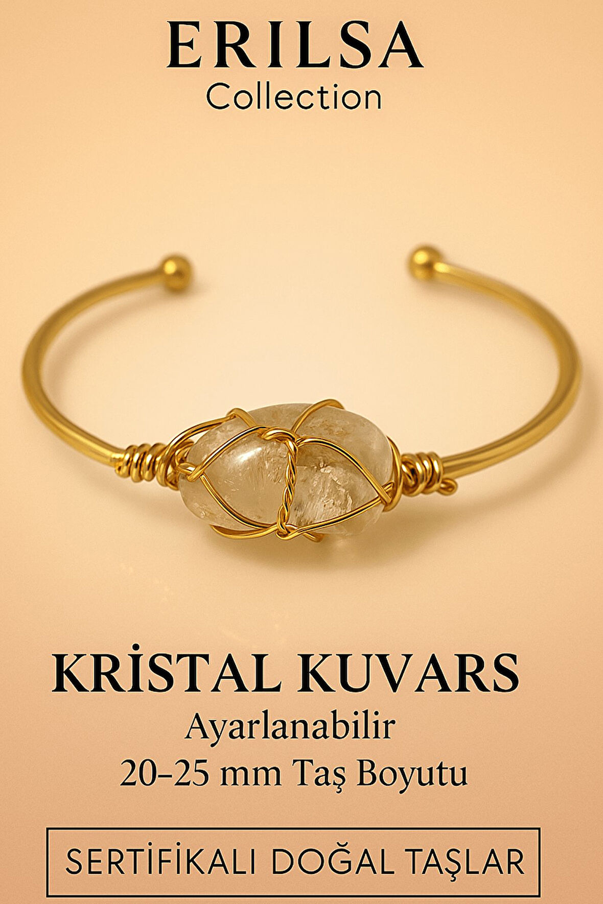 Sertifikalı Doğal Kristal Kuvars Taşı Ayarlanabilir 24K Altın Kaplama Bileklik 20-25 mm