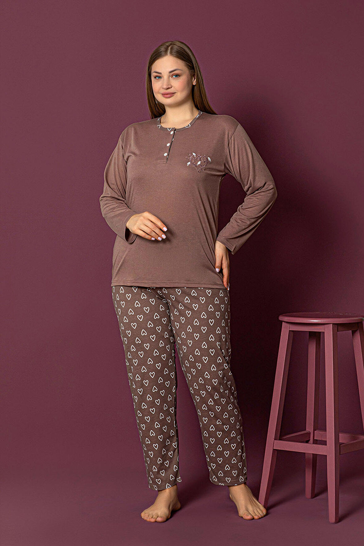 Nisanca Uzun Kollu %100 Pamuk Büyük Beden Anne Pijama Takımı- Anne Özel Serisi