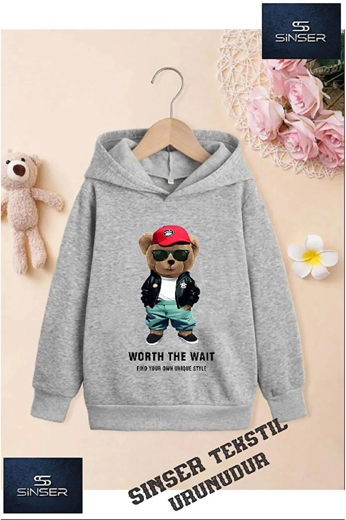 Kız/Erkek Çocuk Beyaz Kapüşonlu ''AYICIK KRMZI SAPKLI'' Baskılı Sweatshirt