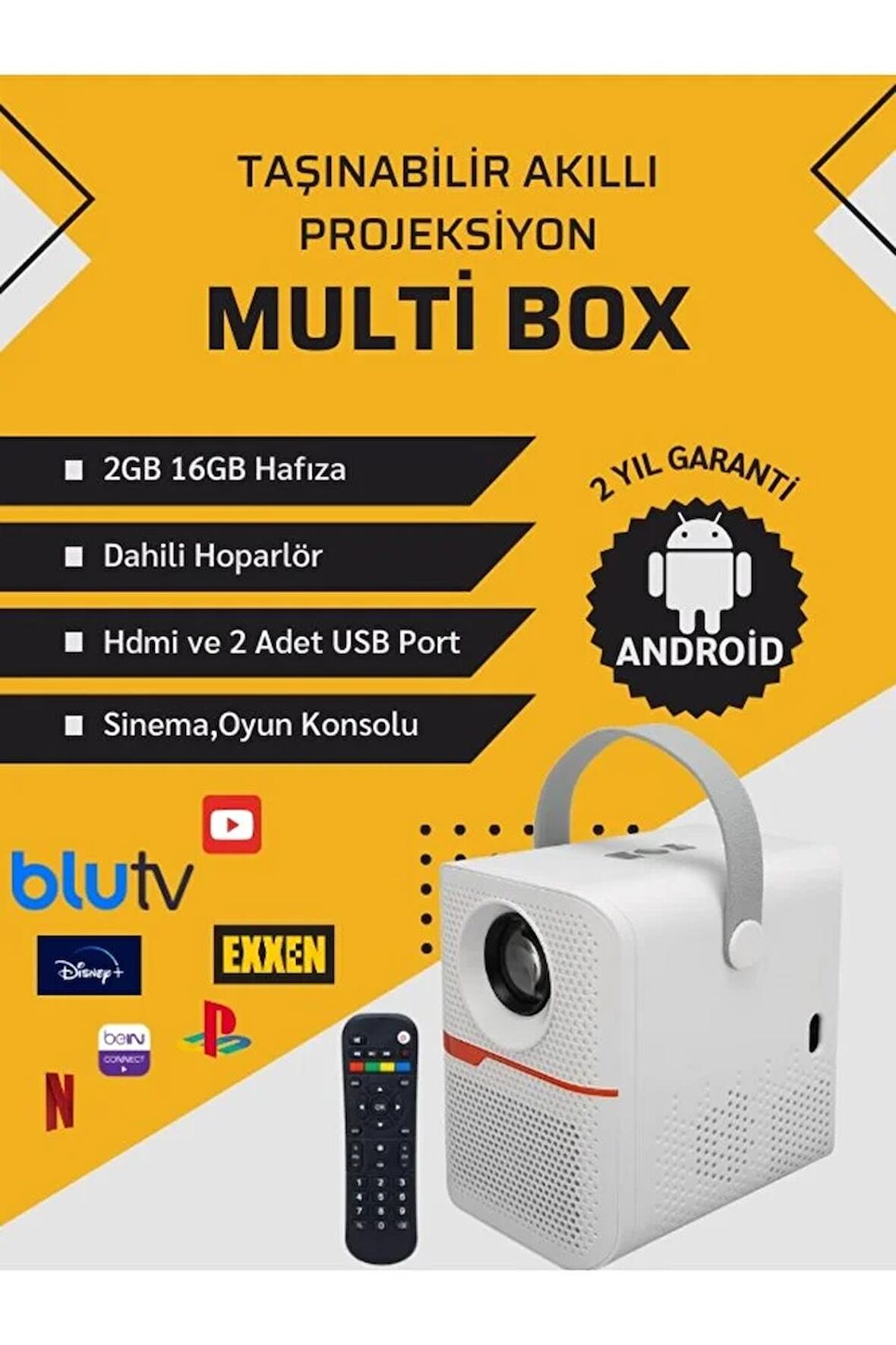 MULTİBOX  T6 PROMAX ANDROİD PROJEKTÖR WİFİ+BLUETOOTH 240 İNÇ EKRAN YANSITMA DAHİLİ HOPARLÖR