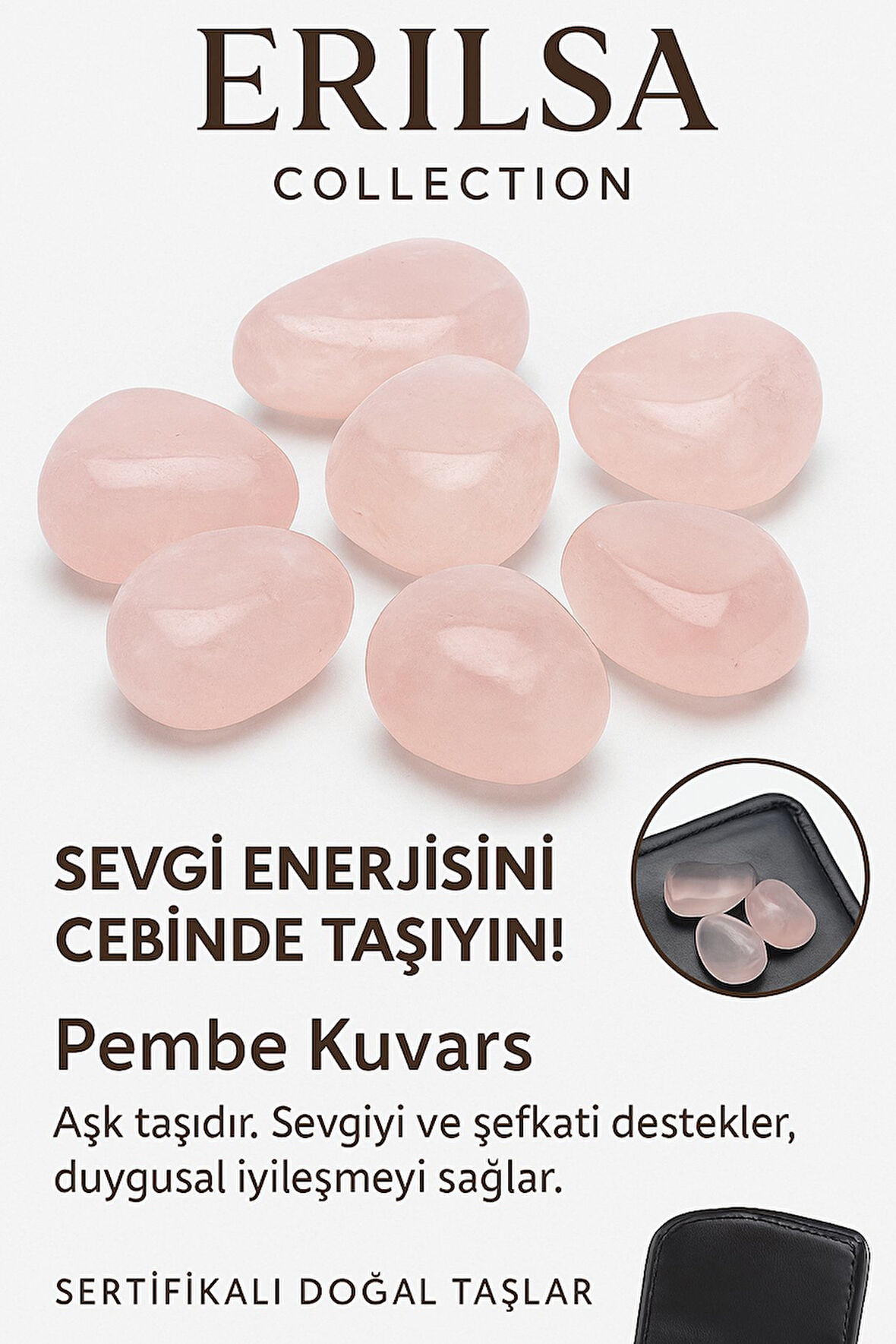Sertifikalı Cüzdan Boy Pembe Kuvars Taşı Kütle - Sevgi ve Şefkat Duygularını Güçlendirir