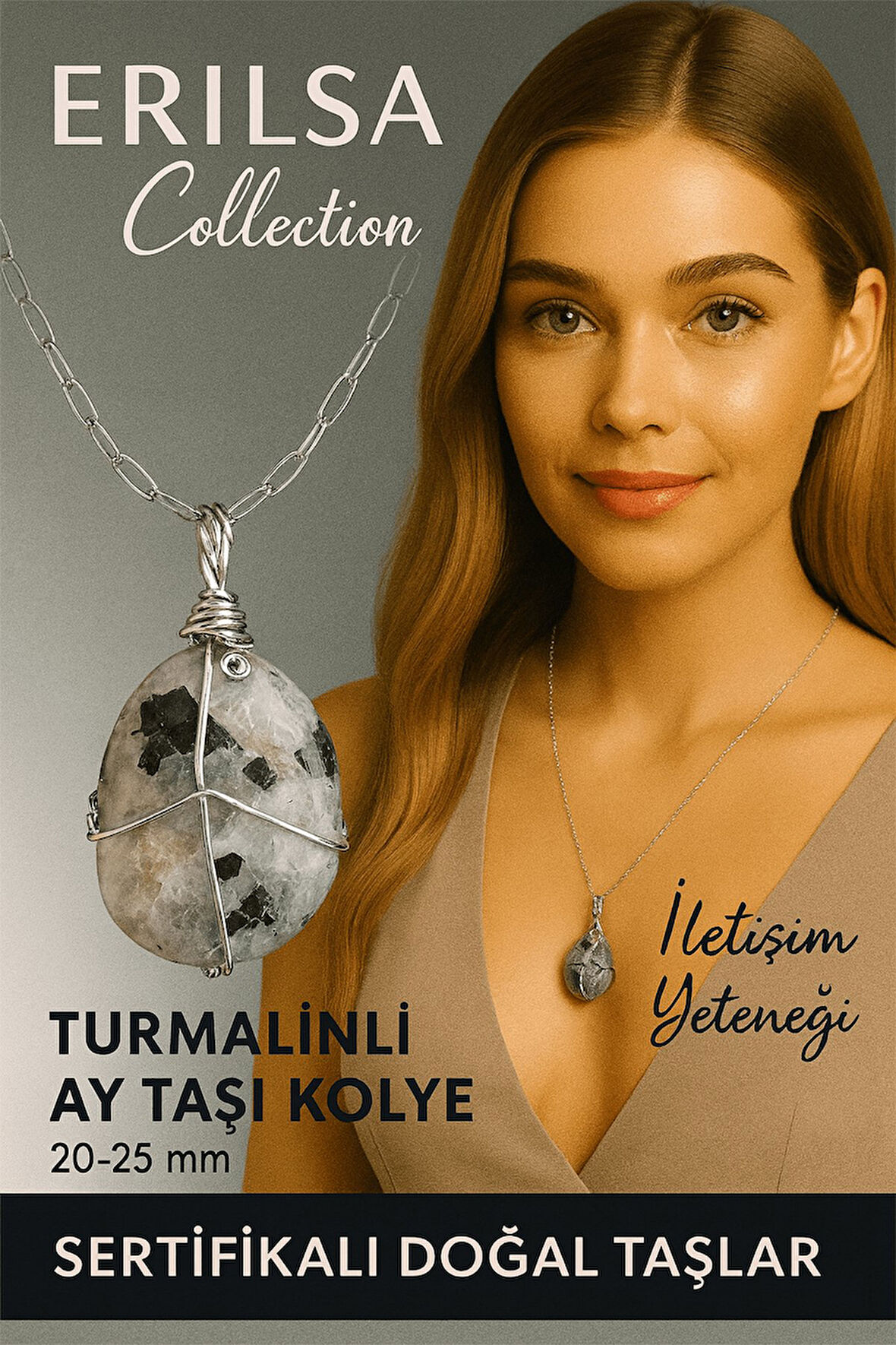 Sertifikalı Gümüş Tel Sargılı Doğal Turmalinli Ay Taşı Kolye – 25-30 mm Sezgi ve Denge Taşı