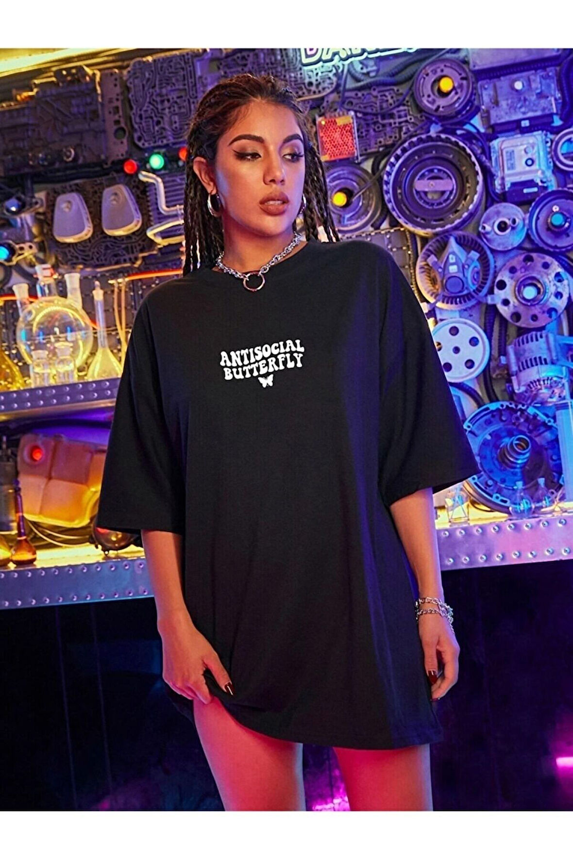 Antisocial Butterfly Baskılı Unisex Siyah Oversize T-shirt | S